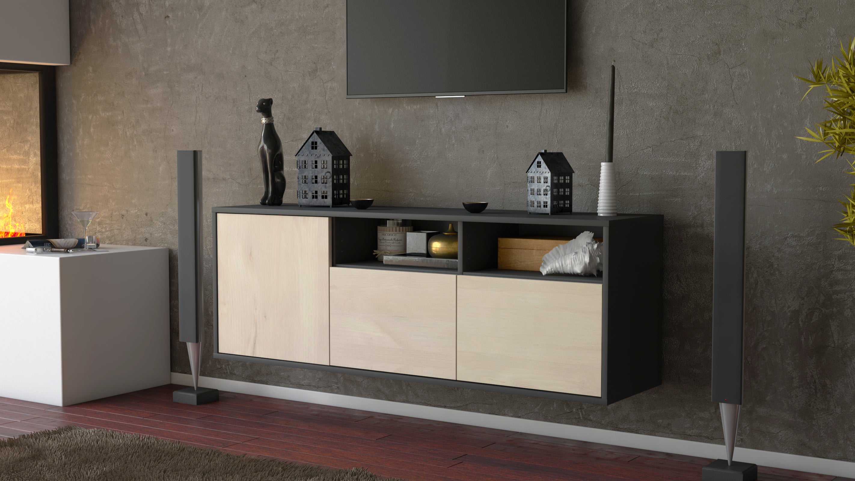 Lowboard - Anina - Design Holzdekor - Wandmontage mit Push to Open 136 cm Anthrazit