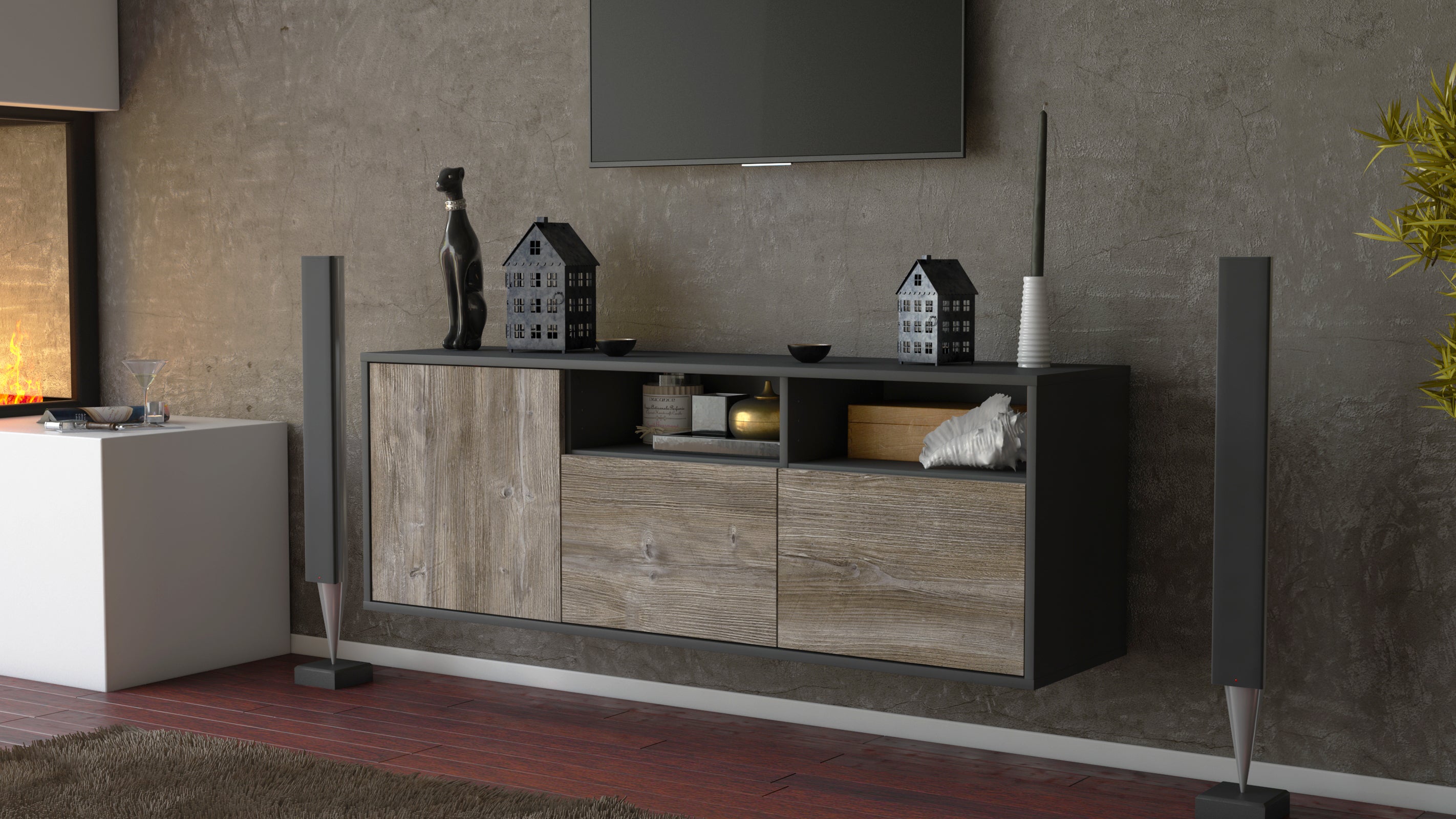 Lowboard - Anina - Design Holzdekor - Wandmontage mit Push to Open 136 cm Anthrazit