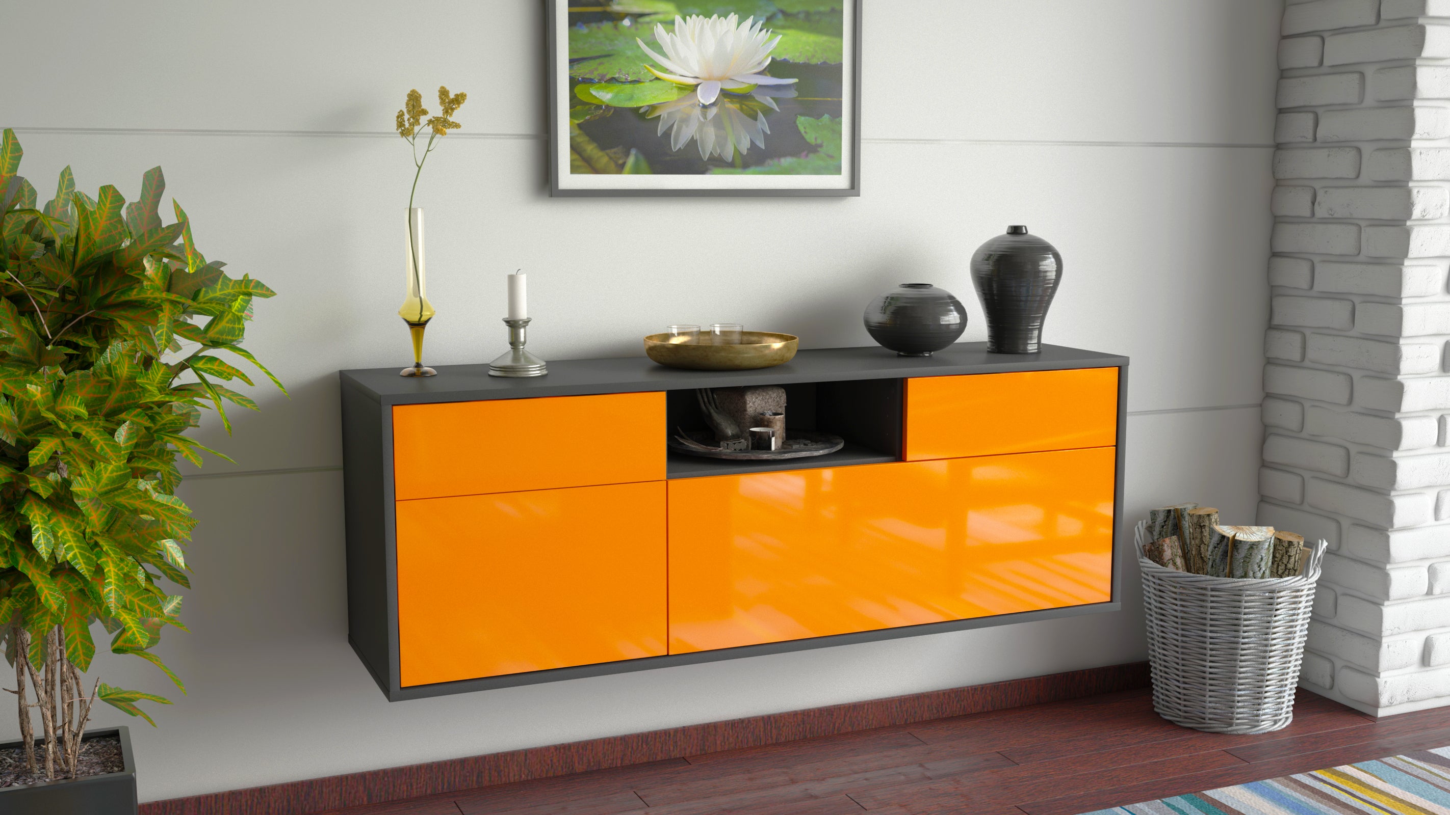 Lowboard - Anjelika - Design Hochglanz - Wandmontage mit Push to Open 136 cm Anthrazit