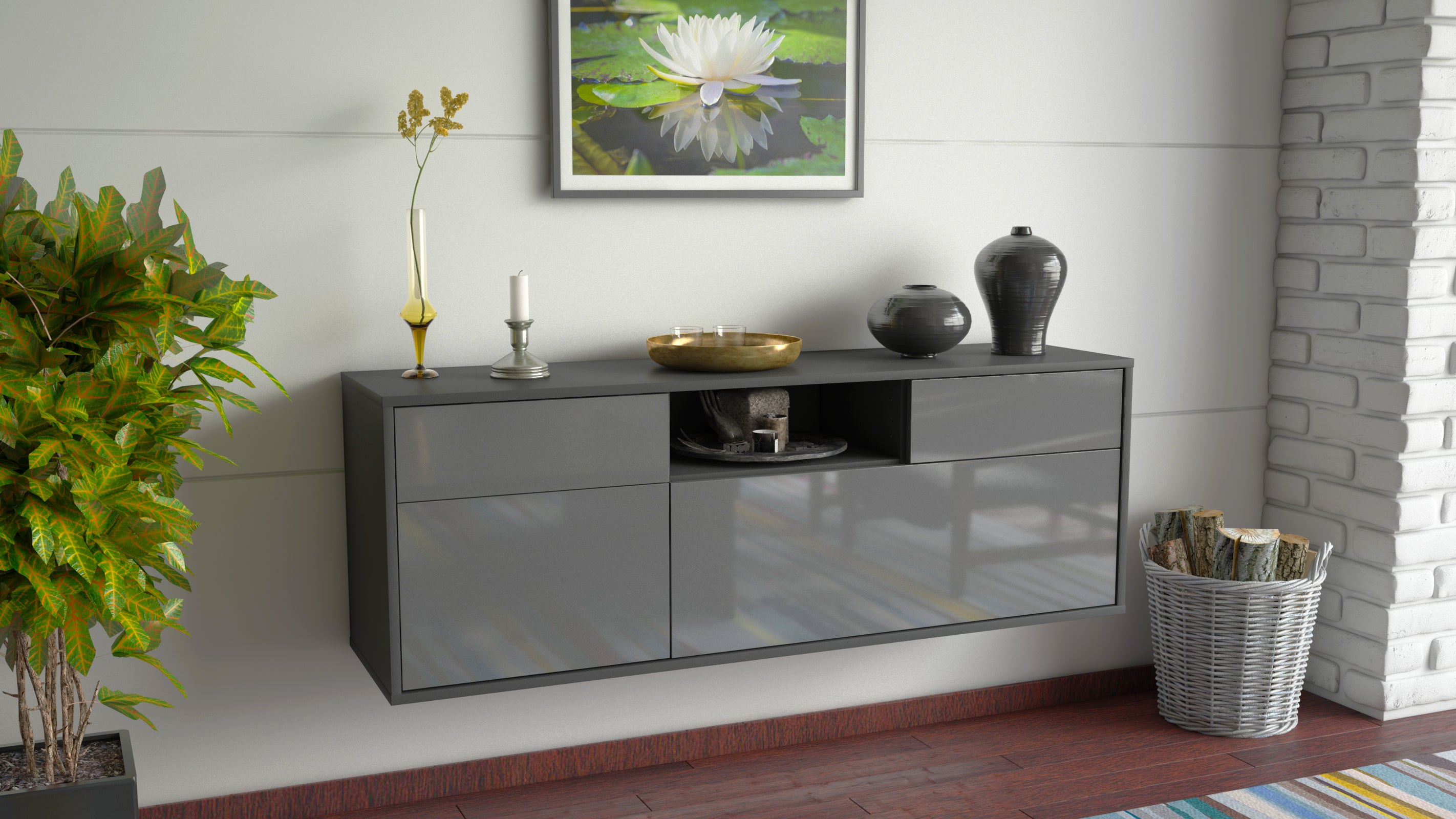 Lowboard - Anjelika - Design Hochglanz - Wandmontage mit Push to Open 136 cm Anthrazit