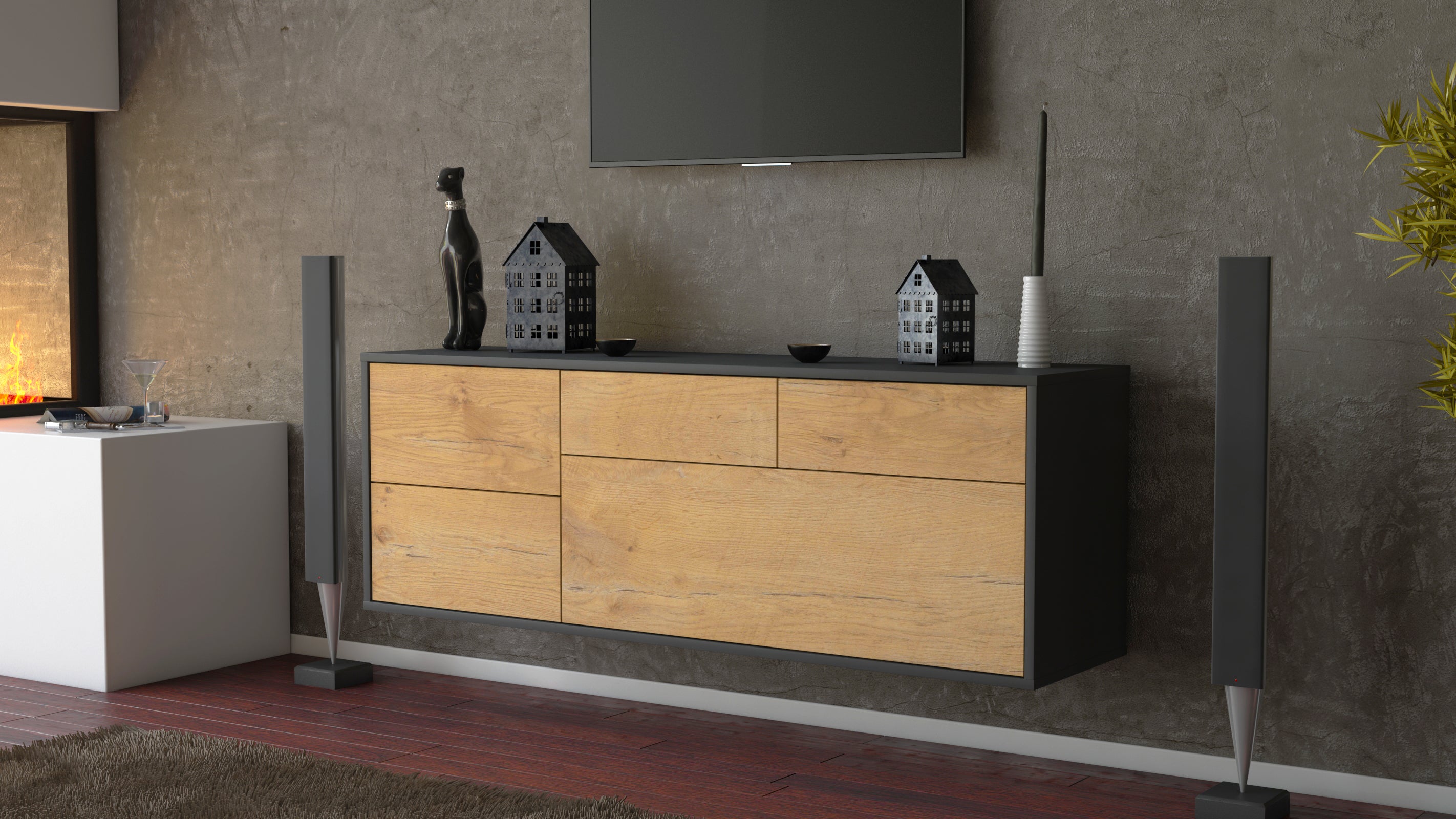 Lowboard - Annabell - Design Holzdekor - Wandmontage mit Push to Open 136 cm Anthrazit