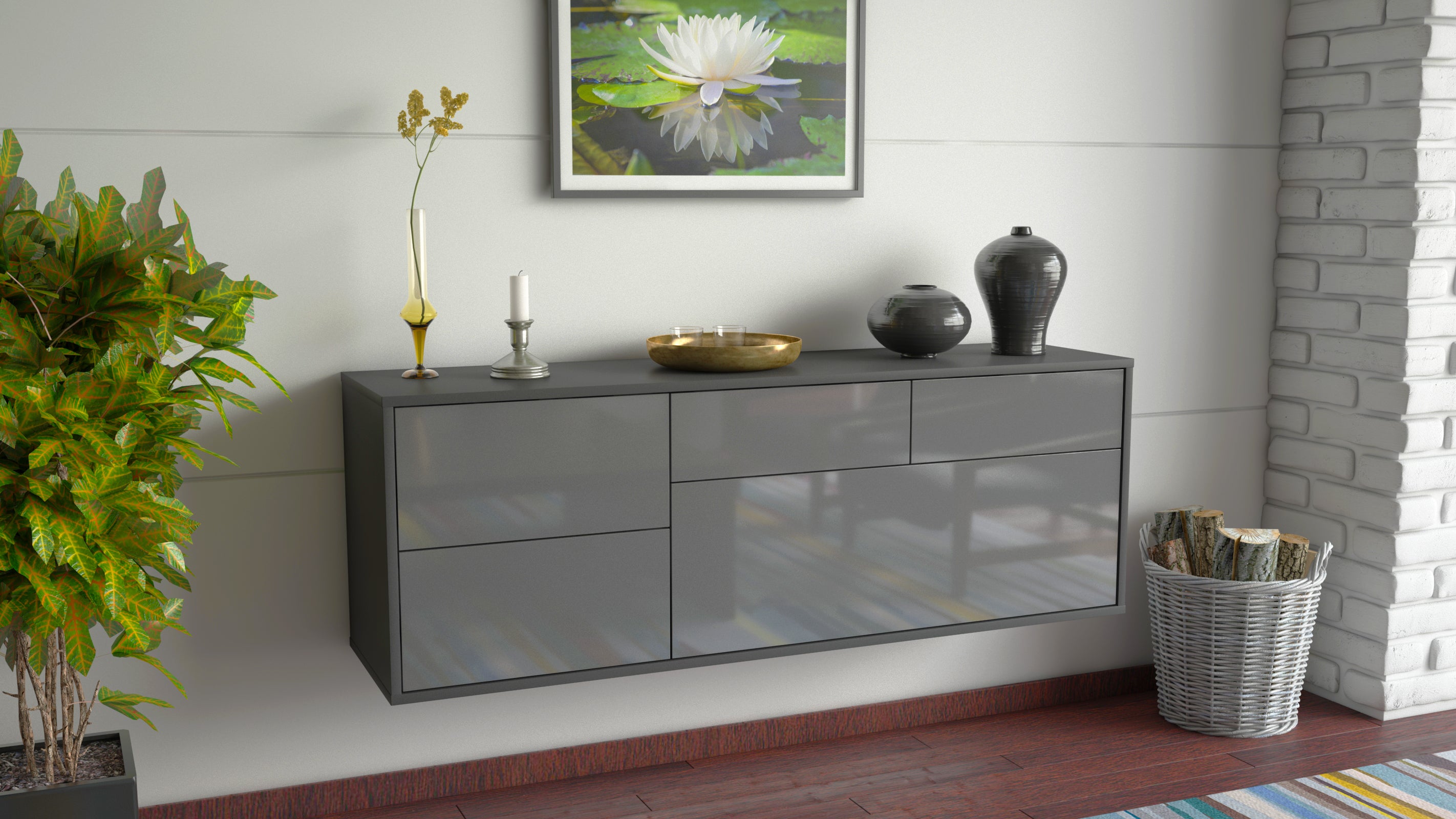 Lowboard - Annabell - Design Hochglanz - Wandmontage mit Push to Open 136 cm Anthrazit