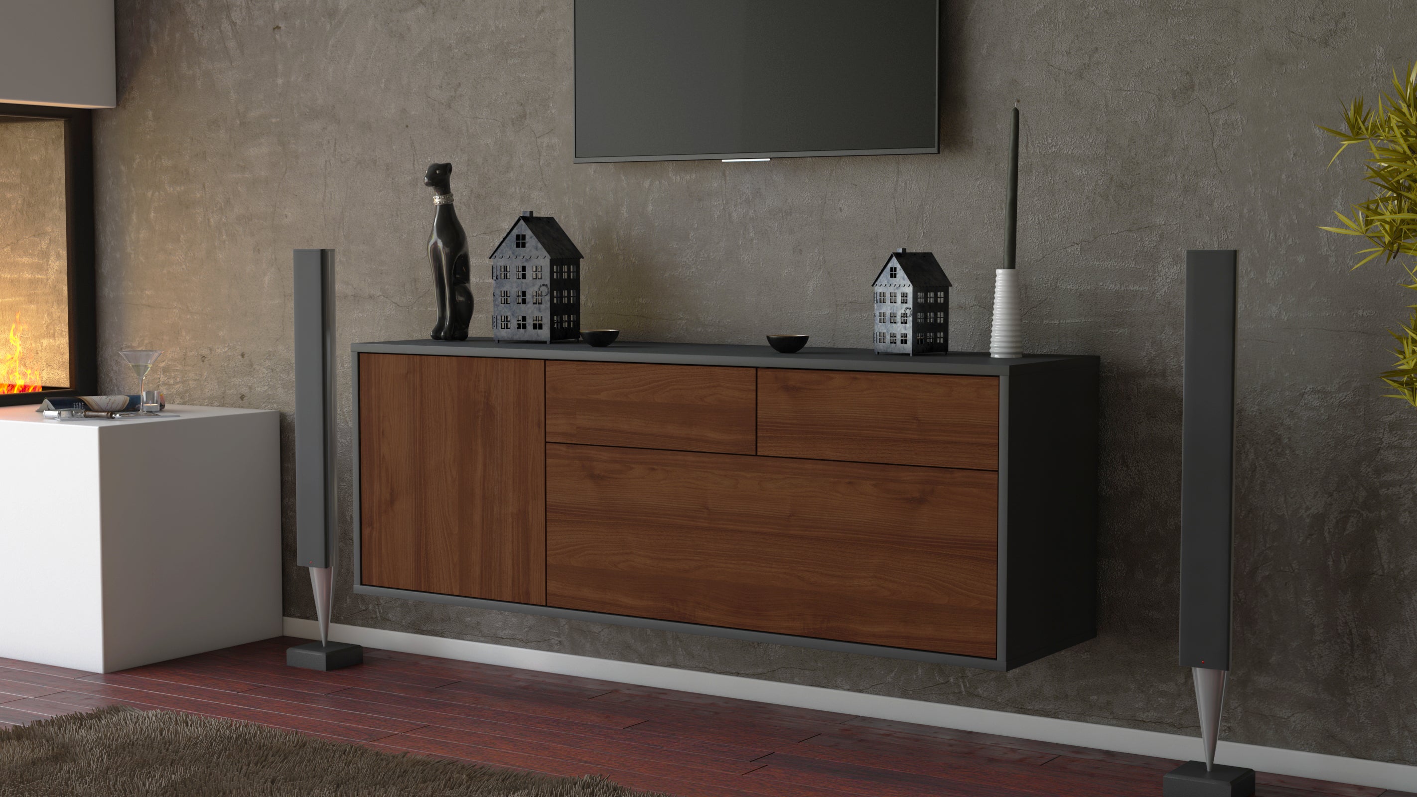 Lowboard - Annalena - Design Holzdekor - Wandmontage mit Push to Open 136 cm Anthrazit
