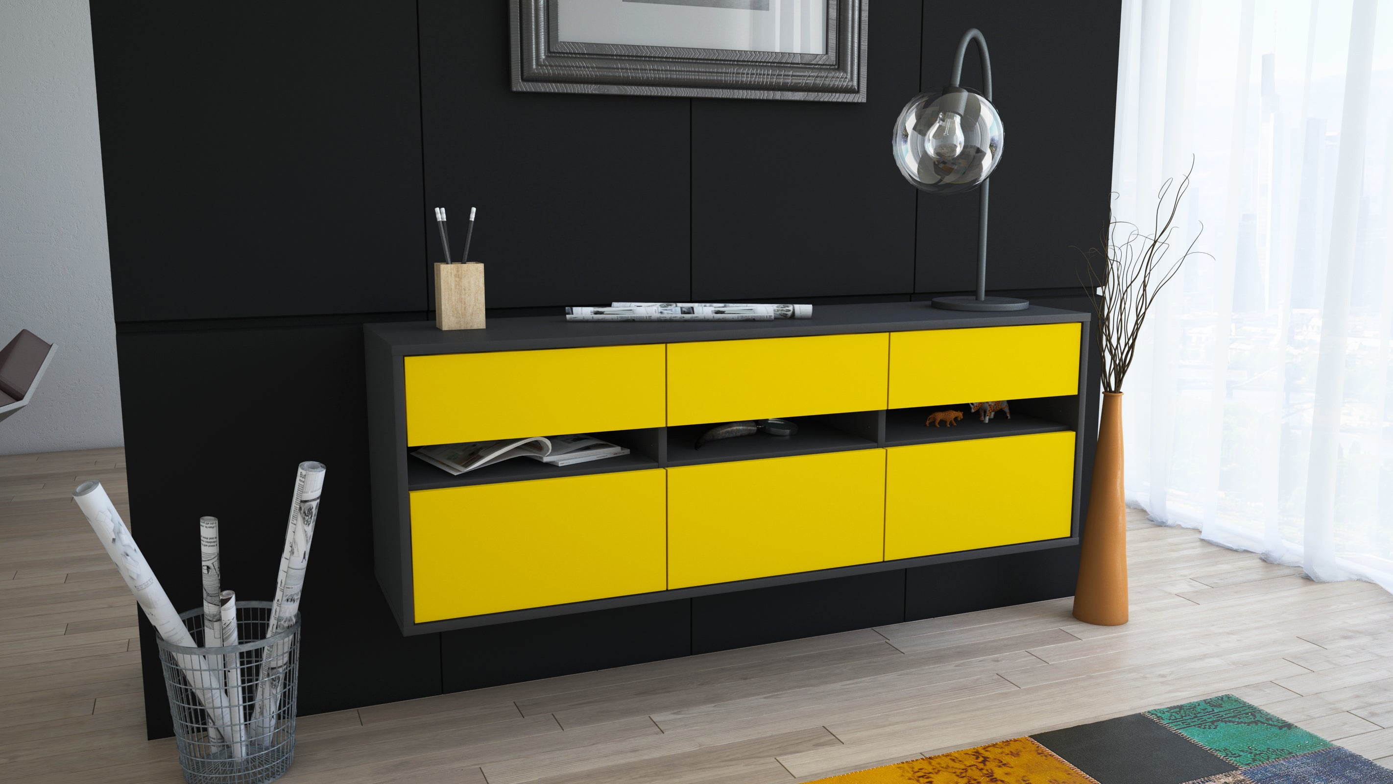 Lowboard - Annalisa - Design Farbakzent - Wandmontage mit Push to Open 136 cm Anthrazit