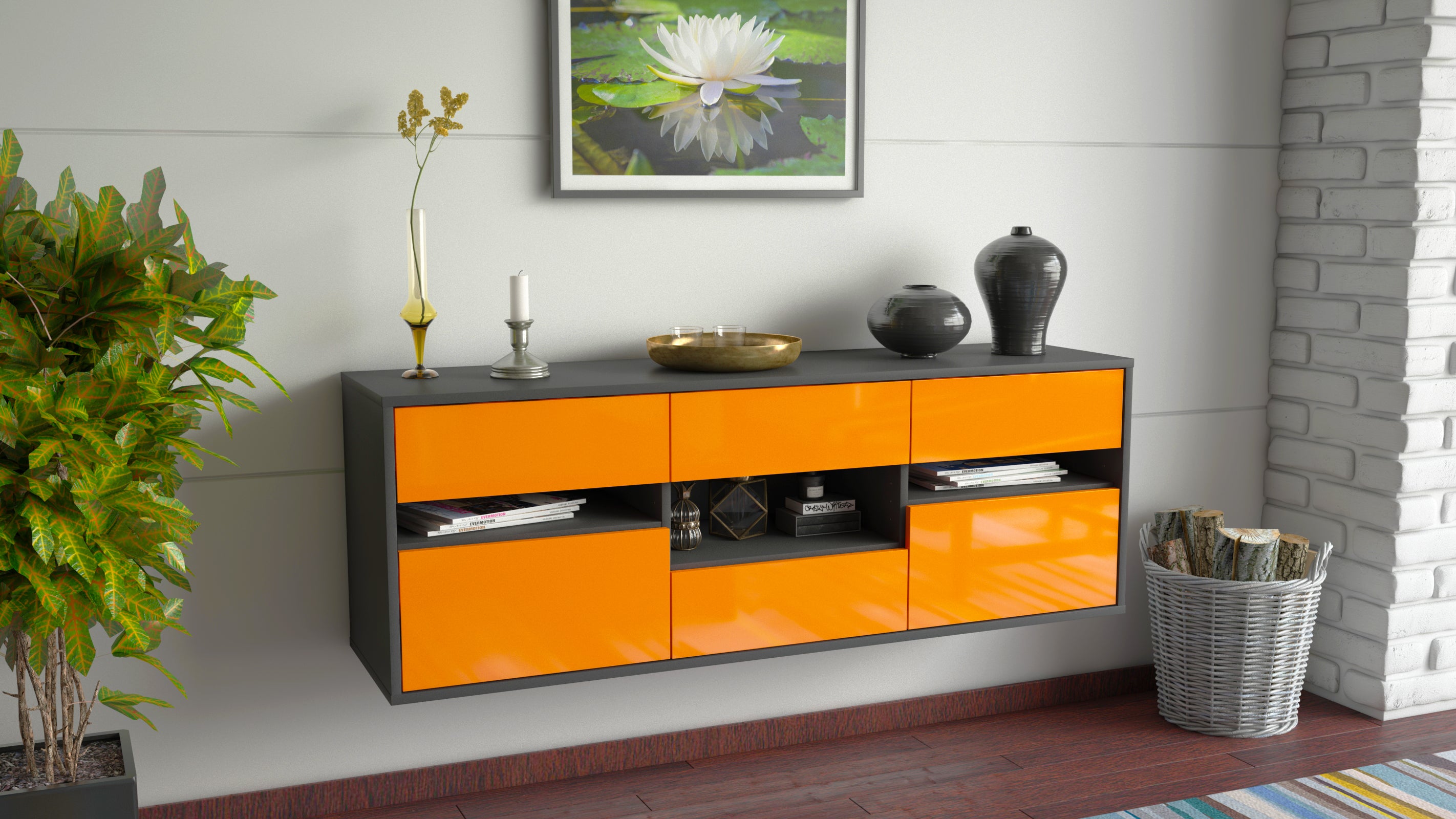Lowboard - Anni - Design Hochglanz - Wandmontage mit Push to Open 136 cm Anthrazit
