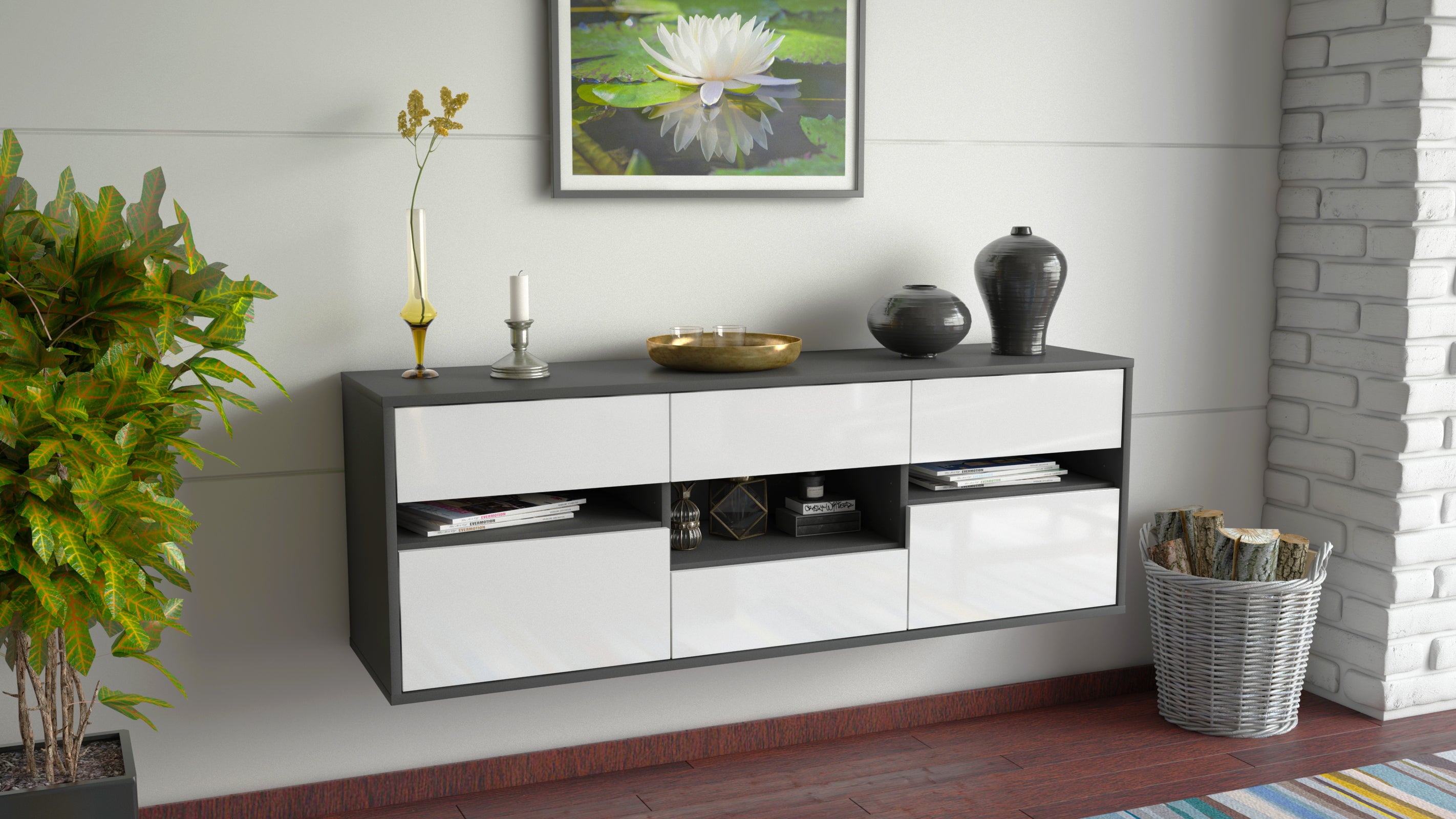 Lowboard - Anni - Design Hochglanz - Wandmontage mit Push to Open 136 cm Anthrazit