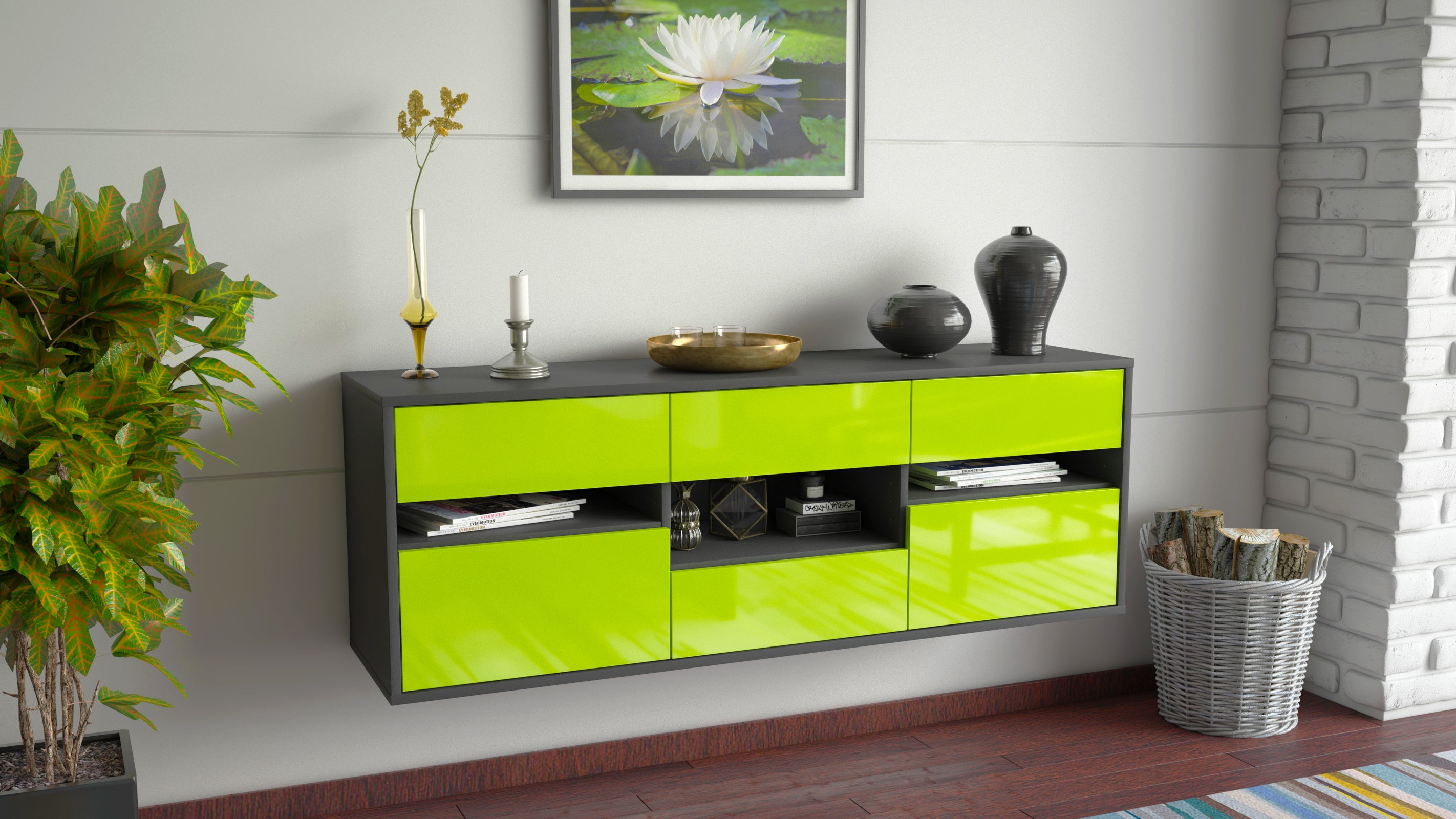 Lowboard - Anni - Design Hochglanz - Wandmontage mit Push to Open 136 cm Anthrazit