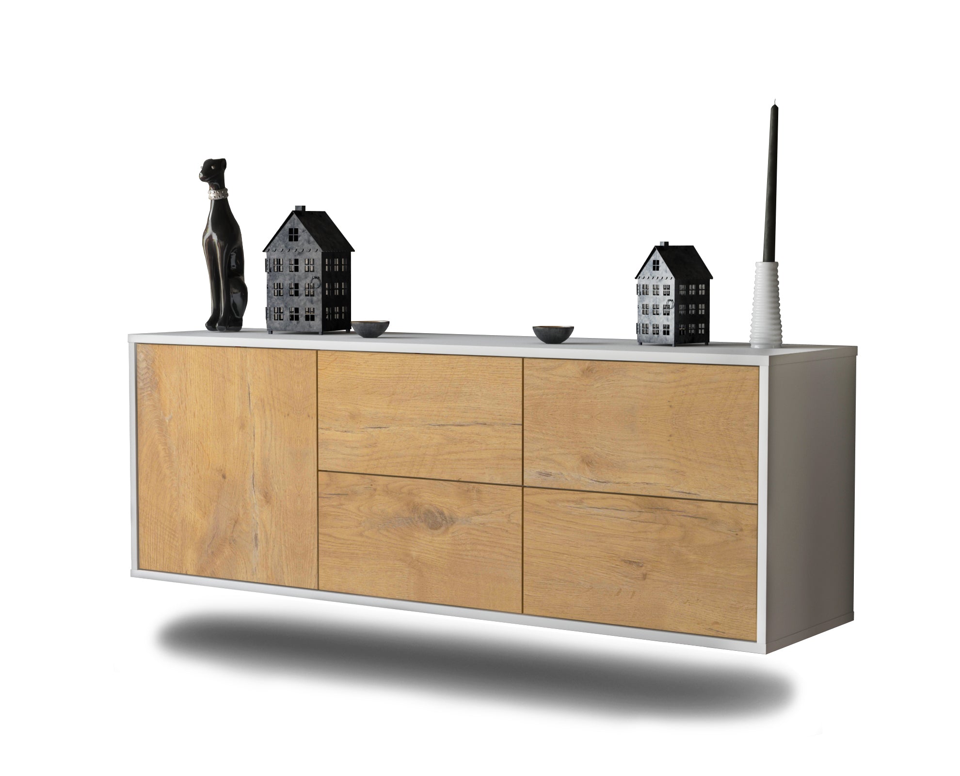 Lowboard - Aloisia - Design Holzdekor - Wandmontage mit Push to Open 136 cm Weiss