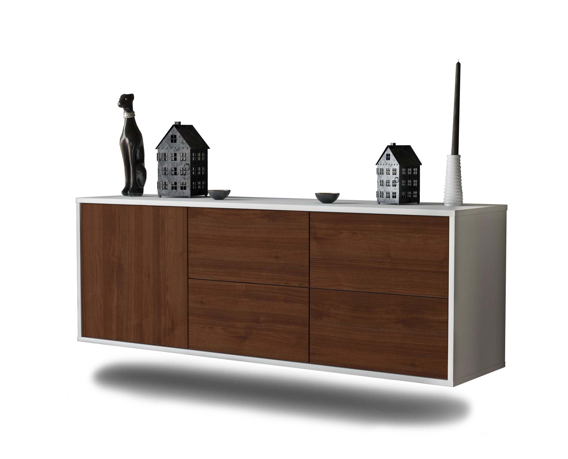 Lowboard - Aloisia - Design Holzdekor - Wandmontage mit Push to Open 136 cm Weiss