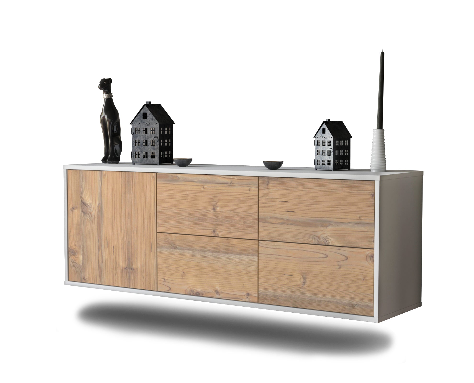 Lowboard - Aloisia - Design Holzdekor - Wandmontage mit Push to Open 136 cm Weiss