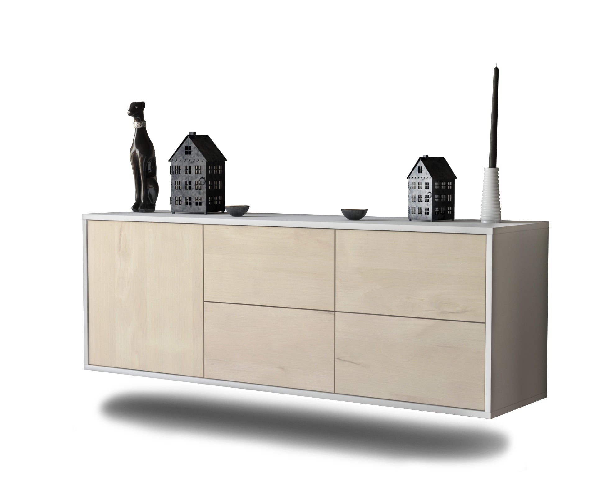 Lowboard - Aloisia - Design Holzdekor - Wandmontage mit Push to Open 136 cm Weiss