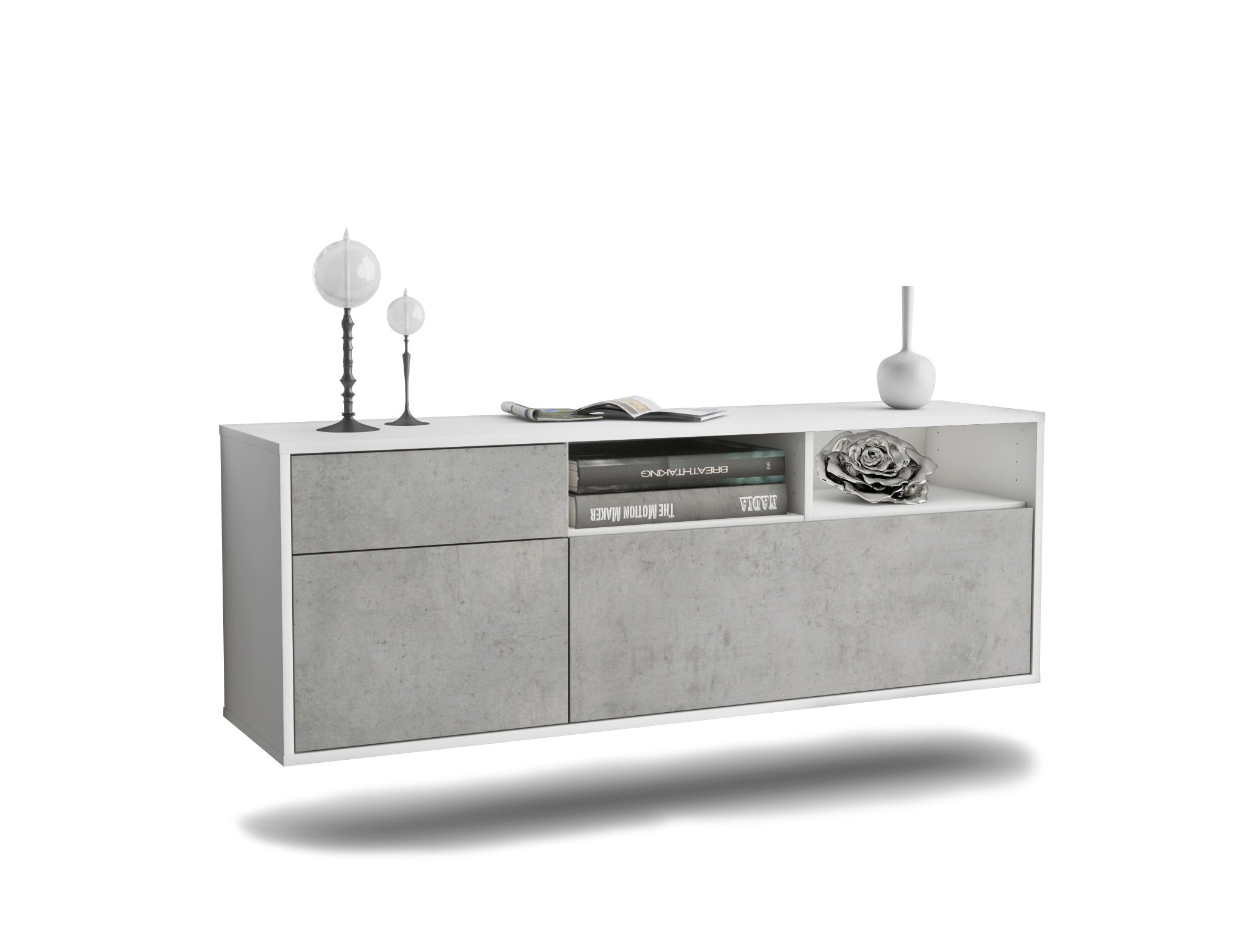 Lowboard - Amisa - Design Industrie Stil - Wandmontage mit Push to Open 136 cm Weiss