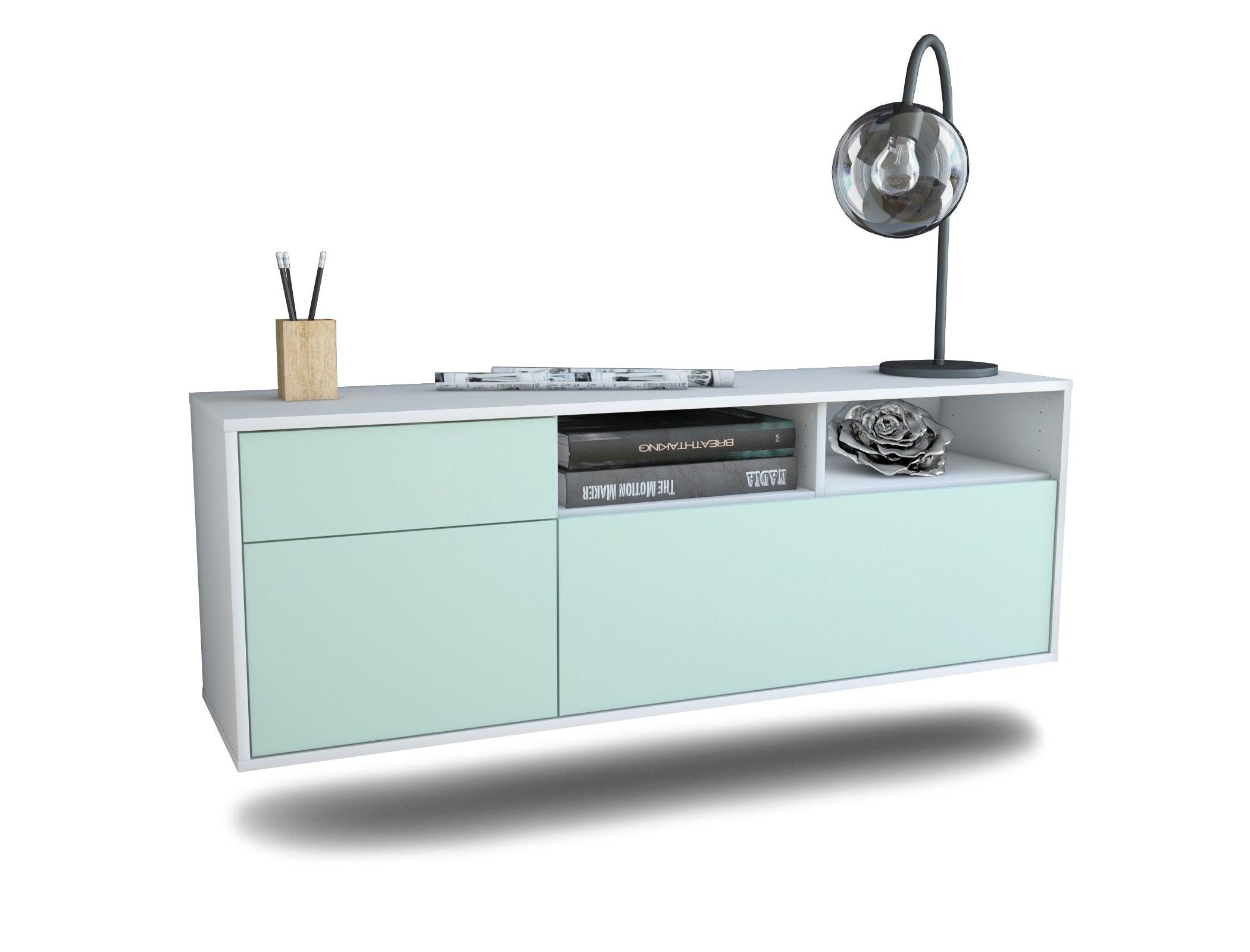 Lowboard - Amisa - Design Farbakzent - Wandmontage mit Push to Open 136 cm Weiss
