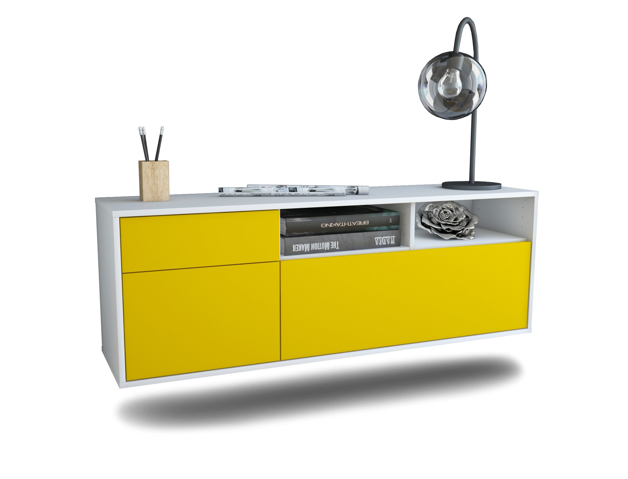 Lowboard - Amisa - Design Farbakzent - Wandmontage mit Push to Open 136 cm Weiss