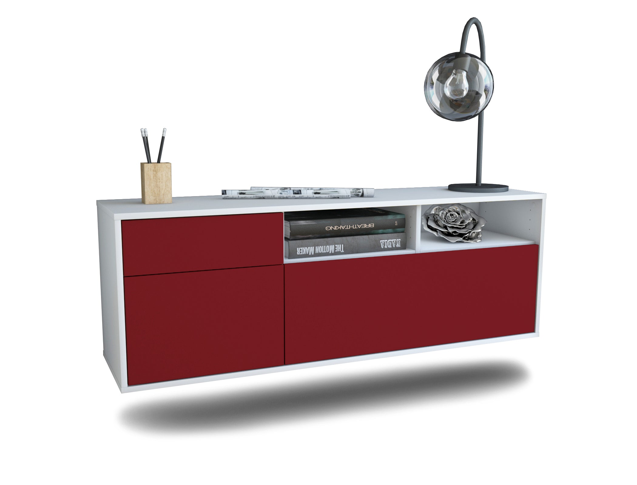 Lowboard - Amisa - Design Farbakzent - Wandmontage mit Push to Open 136 cm Weiss