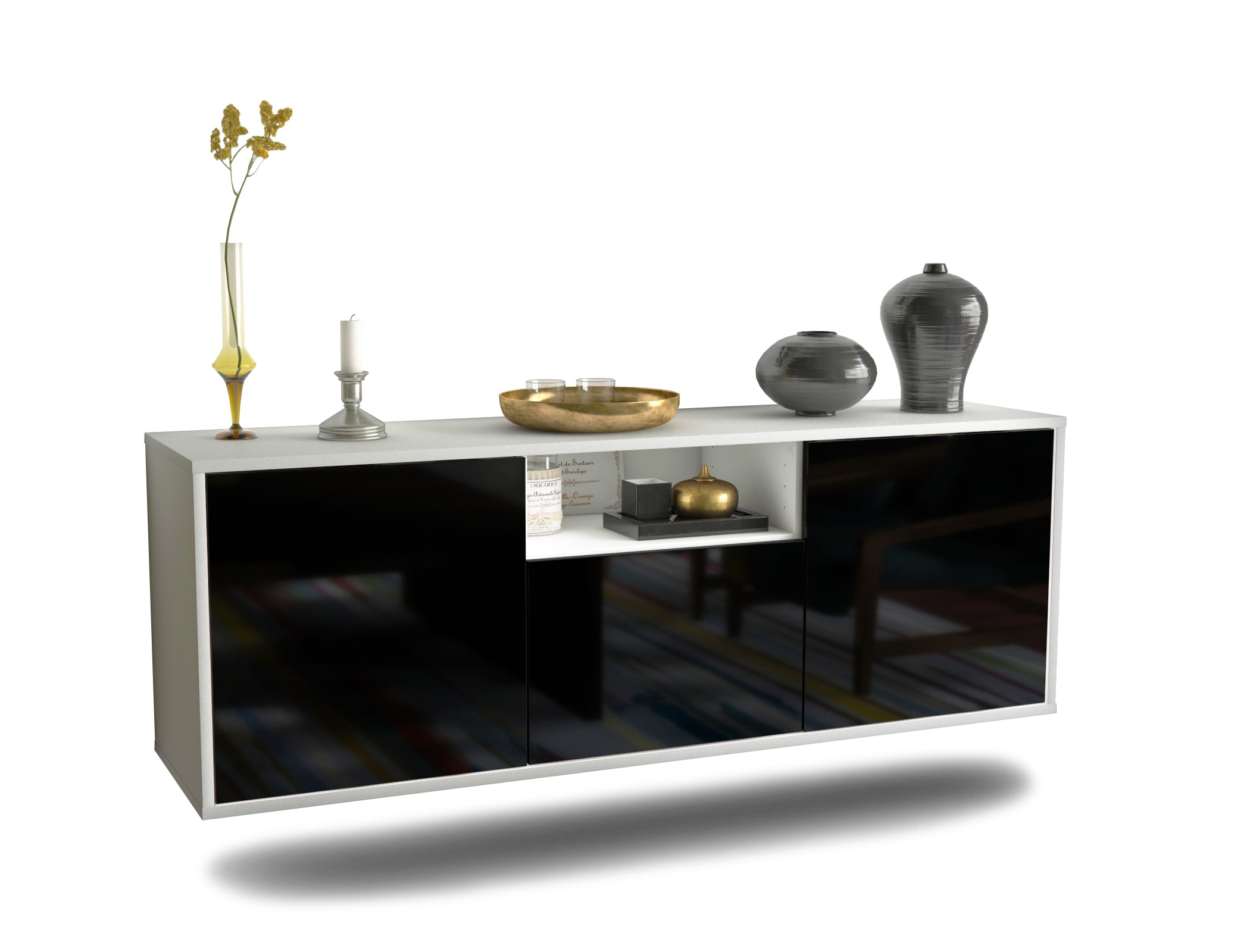 Lowboard - Andrina - Design Hochglanz - Wandmontage mit Push to Open 136 cm Weiss