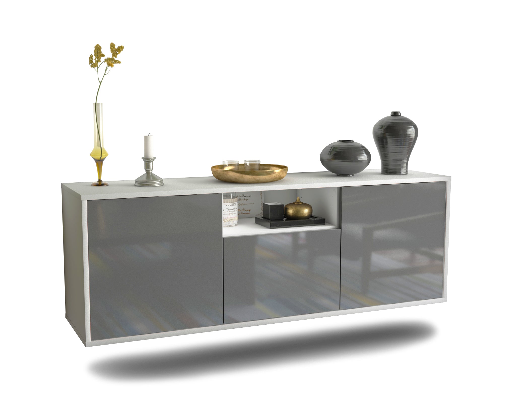 Lowboard - Andrina - Design Hochglanz - Wandmontage mit Push to Open 136 cm Weiss