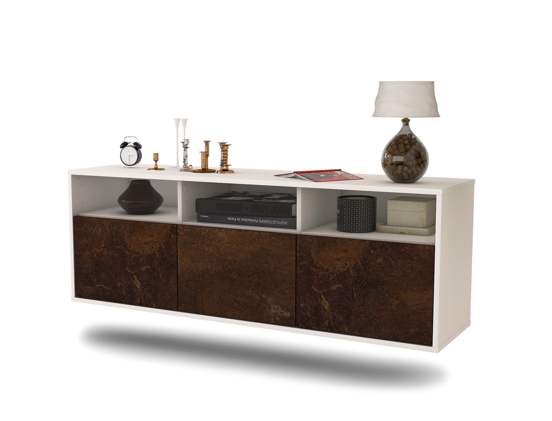 Lowboard - Anella - Design Industrie Stil - Wandmontage mit Push to Open 136 cm Weiss
