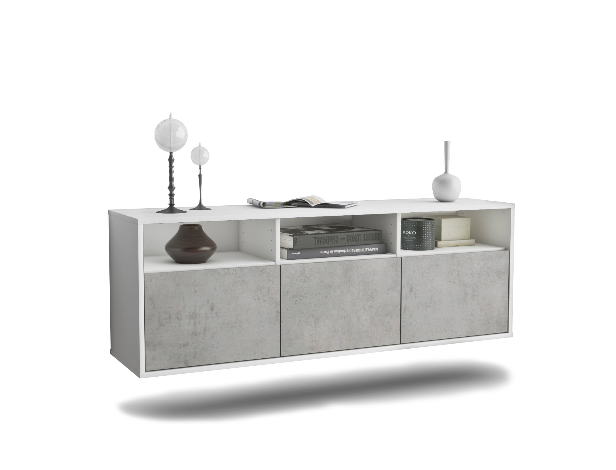 Lowboard - Anella - Design Industrie Stil - Wandmontage mit Push to Open 136 cm Weiss