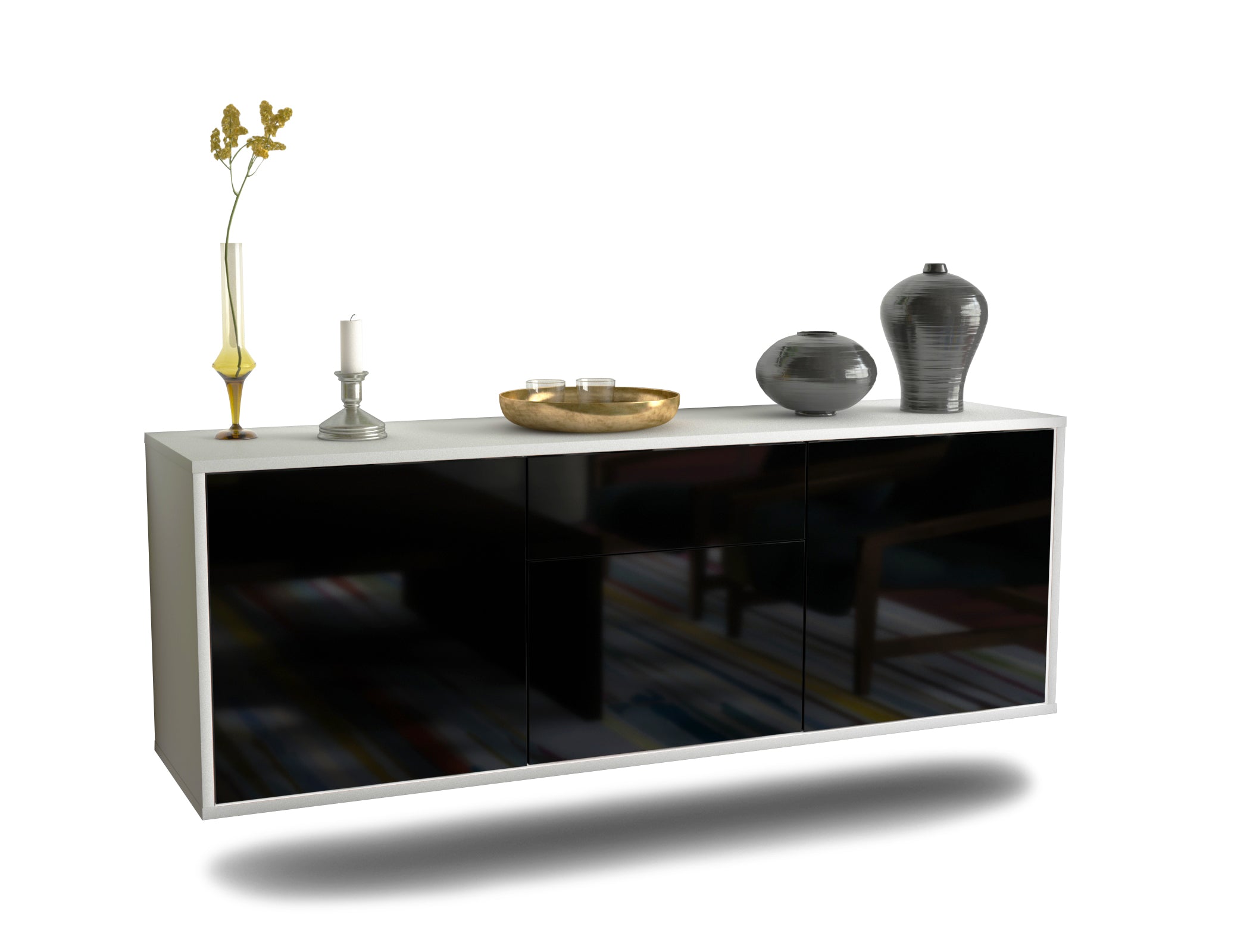 Lowboard - Angela - Design Hochglanz - Wandmontage mit Push to Open 136 cm Weiss