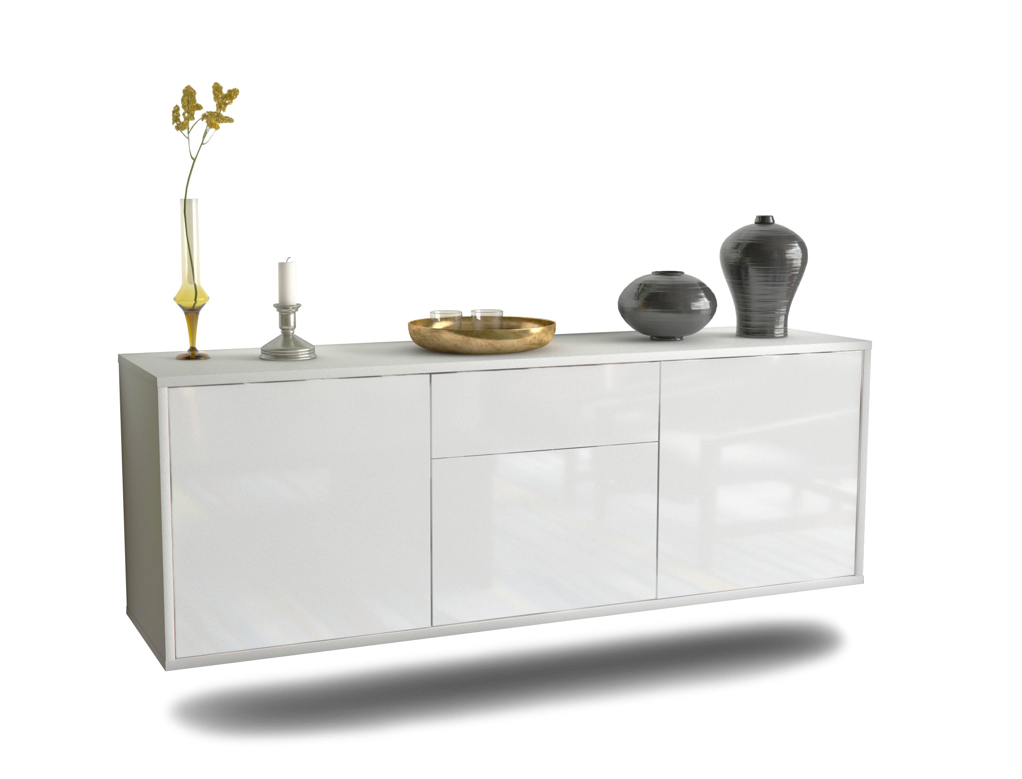 Lowboard - Angela - Design Hochglanz - Wandmontage mit Push to Open 136 cm Weiss