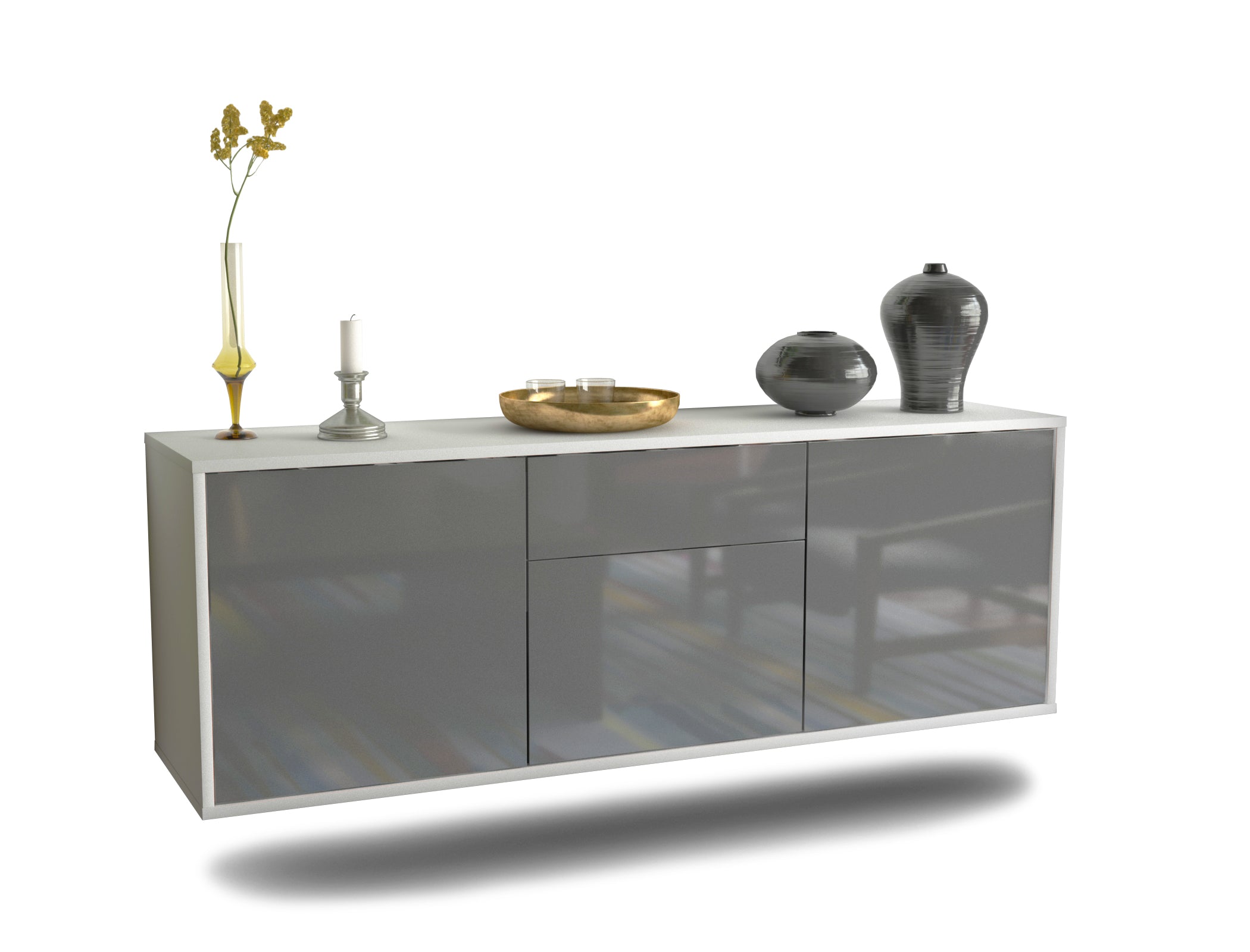 Lowboard - Angela - Design Hochglanz - Wandmontage mit Push to Open 136 cm Weiss