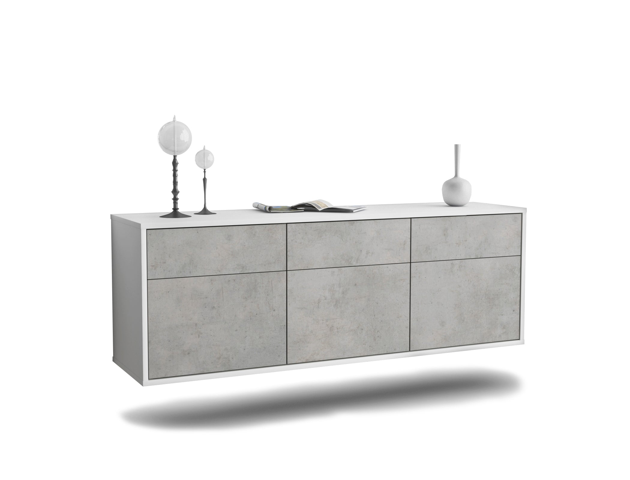 Lowboard - Angelina - Design Industrie Stil - Wandmontage mit Push to Open 136 cm Weiss