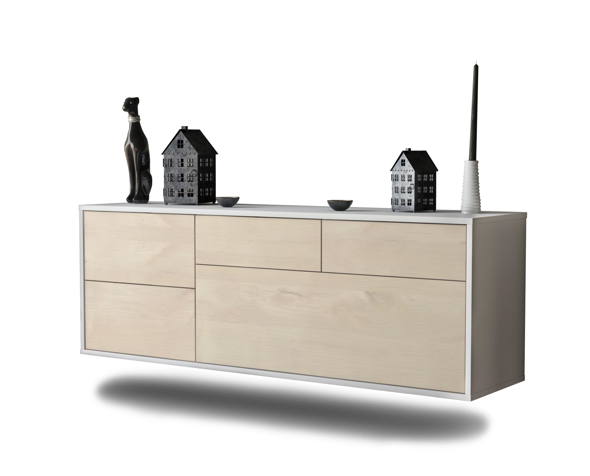 Lowboard - Annabell - Design Holzdekor - Wandmontage mit Push to Open 136 cm Weiss