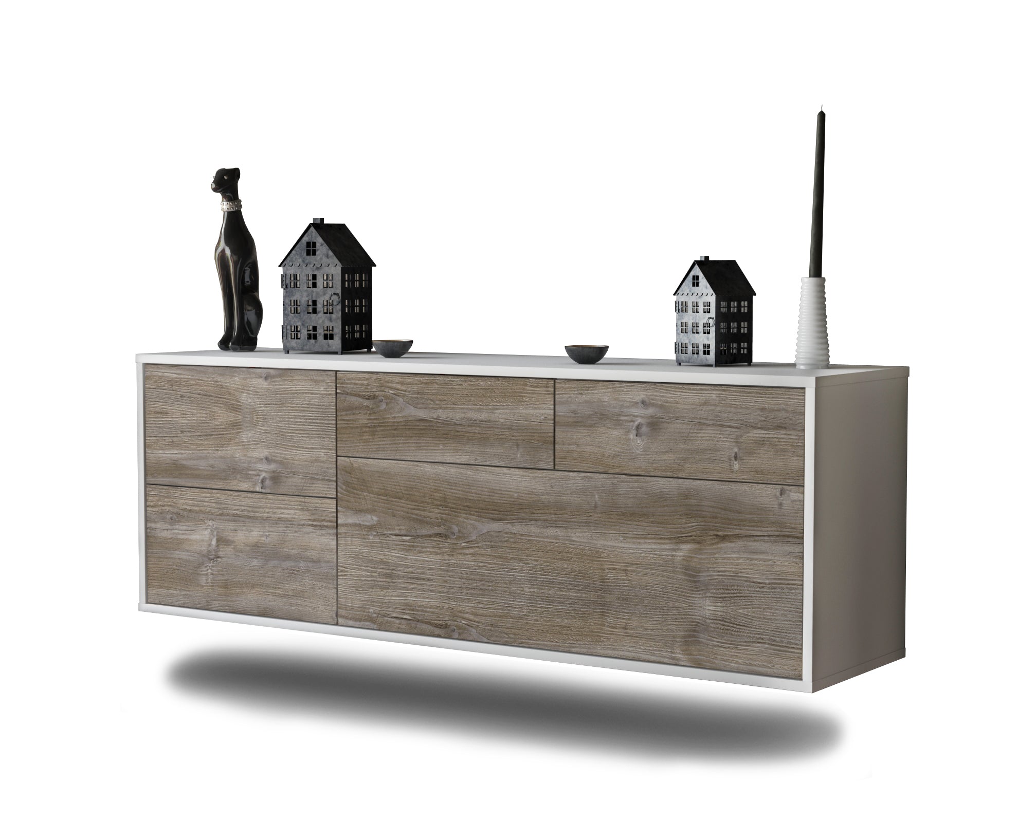 Lowboard - Annabell - Design Holzdekor - Wandmontage mit Push to Open 136 cm Weiss