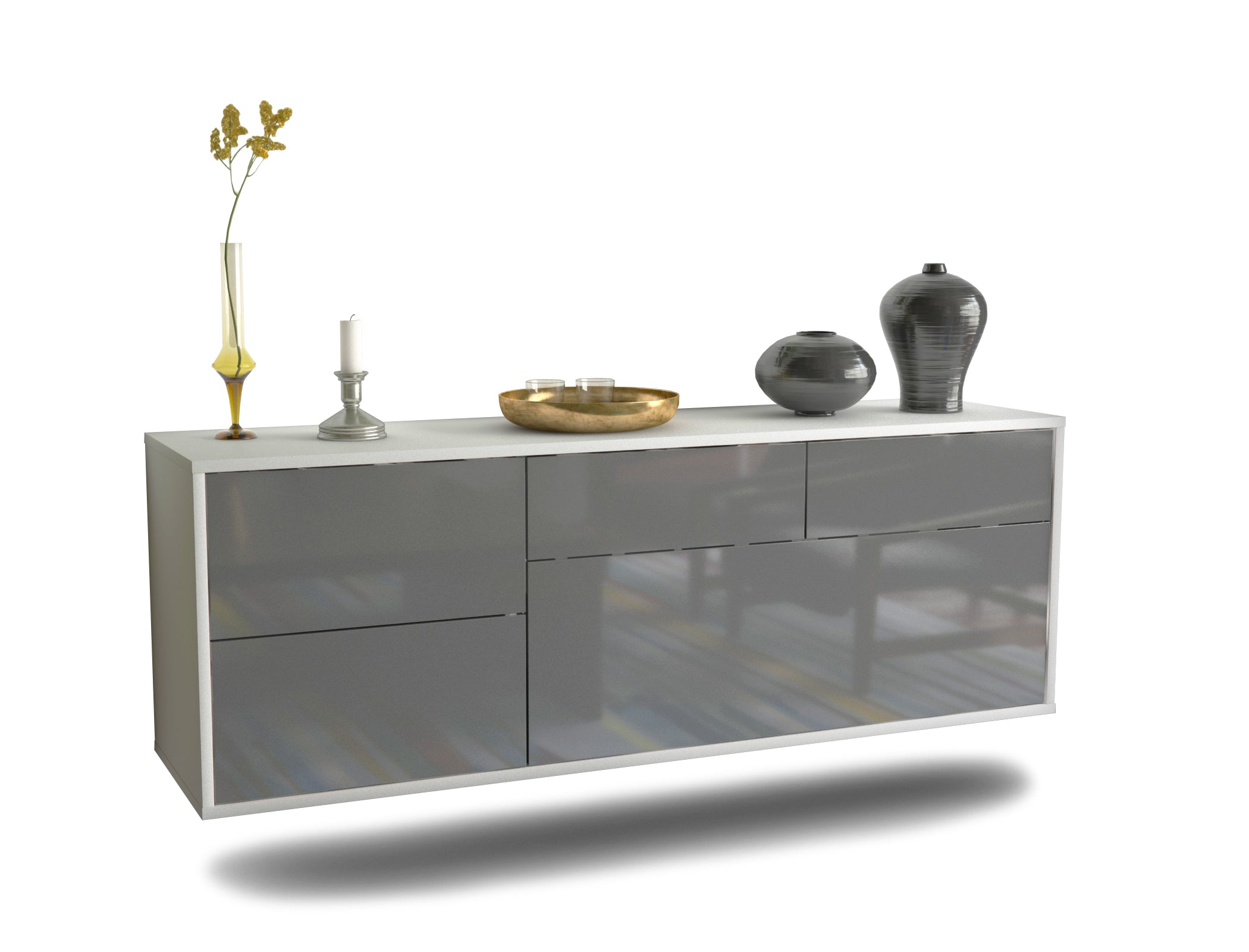 Lowboard - Annabell - Design Hochglanz - Wandmontage mit Push to Open 136 cm Weiss