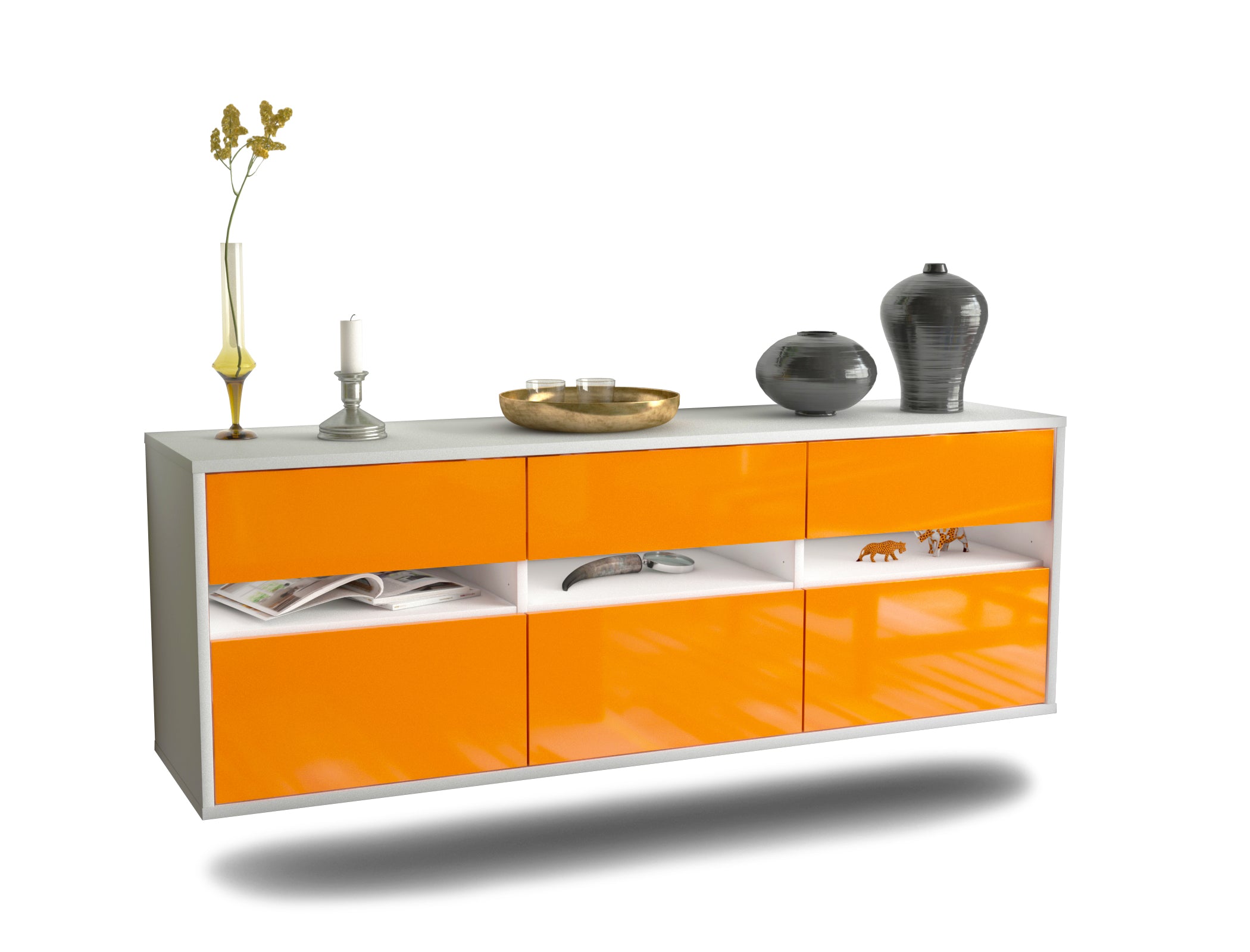 Lowboard - Annalisa - Design Hochglanz - Wandmontage mit Push to Open 136 cm Weiss