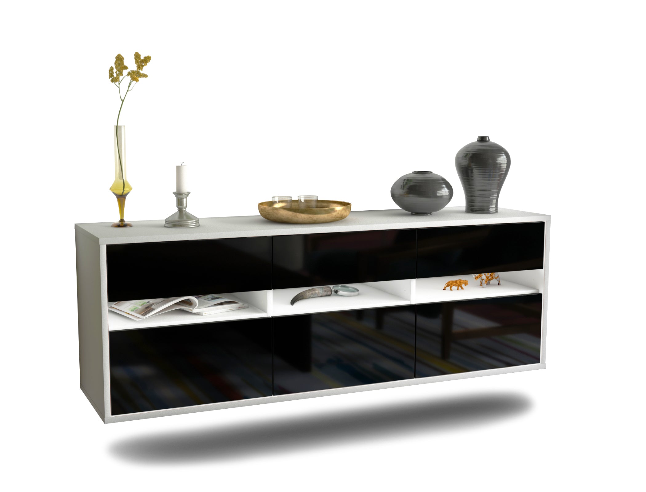 Lowboard - Annalisa - Design Hochglanz - Wandmontage mit Push to Open 136 cm Weiss