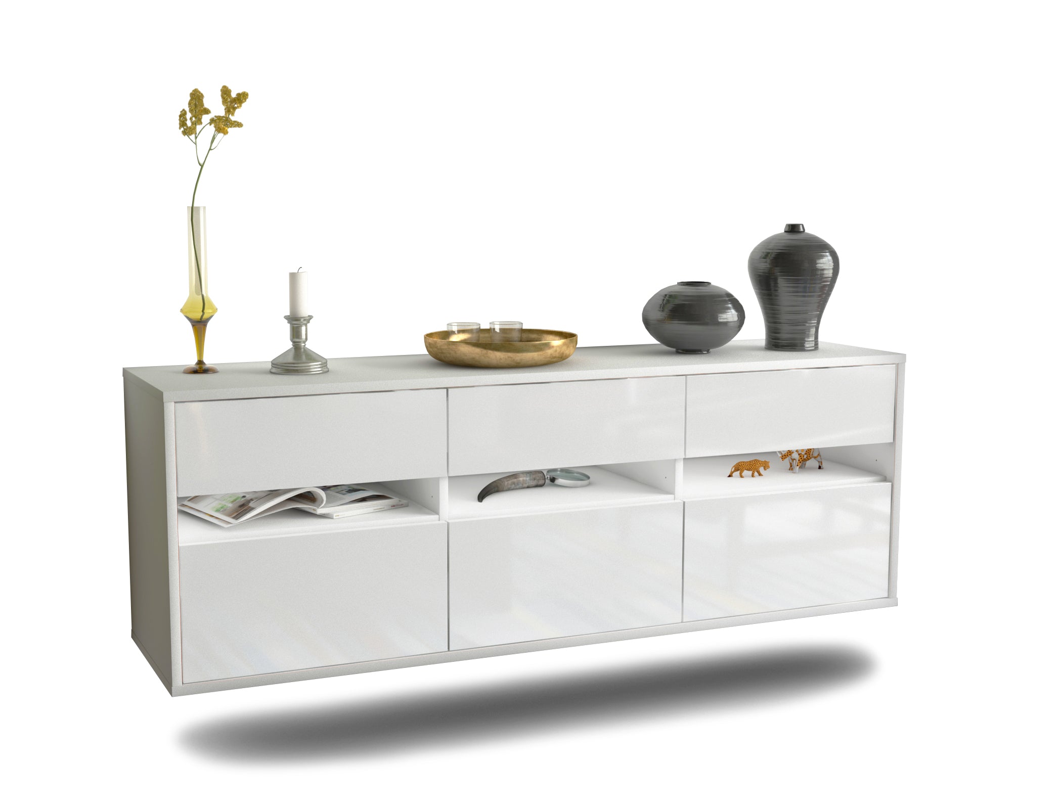 Lowboard - Annalisa - Design Hochglanz - Wandmontage mit Push to Open 136 cm Weiss