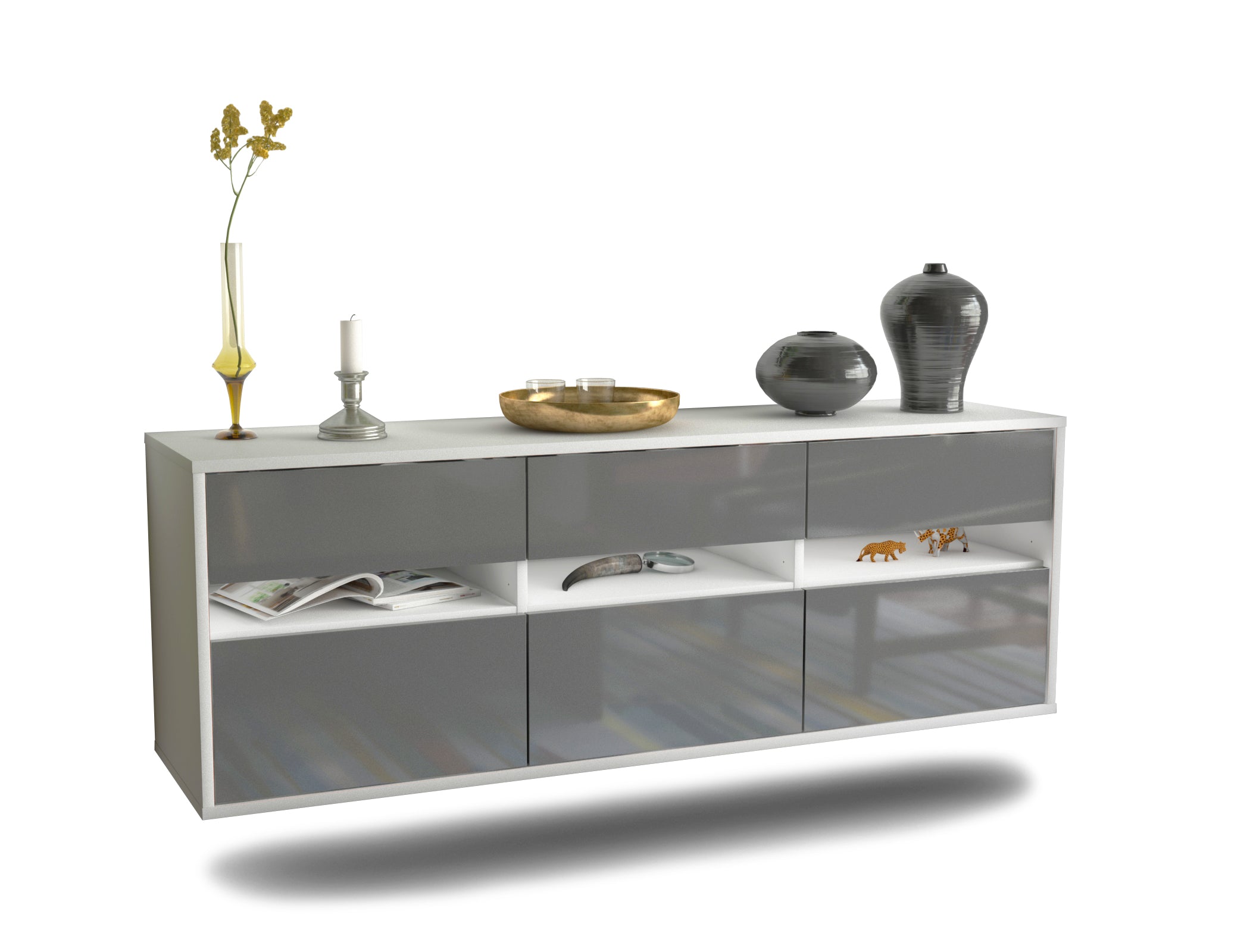 Lowboard - Annalisa - Design Hochglanz - Wandmontage mit Push to Open 136 cm Weiss