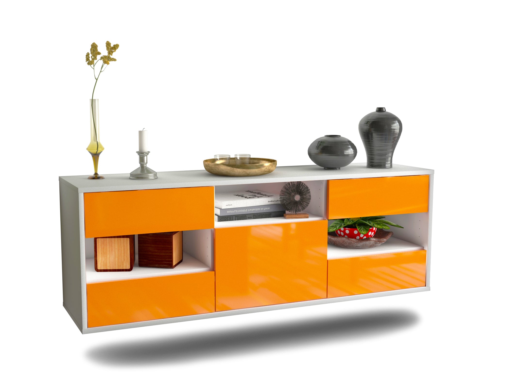 Lowboard - Annunziata - Design Hochglanz - Wandmontage mit Push to Open 136 cm Weiss