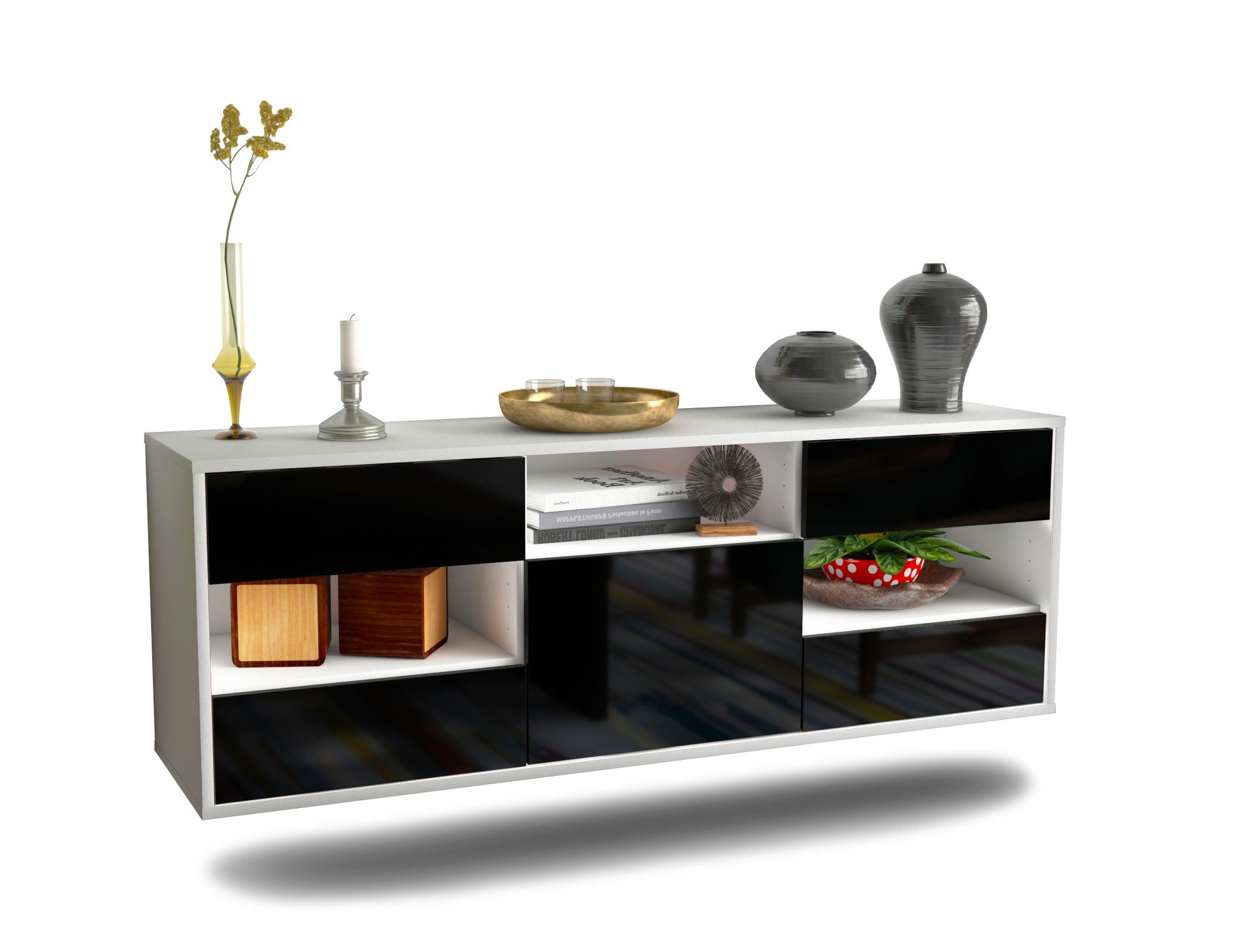 Lowboard - Annunziata - Design Hochglanz - Wandmontage mit Push to Open 136 cm Weiss