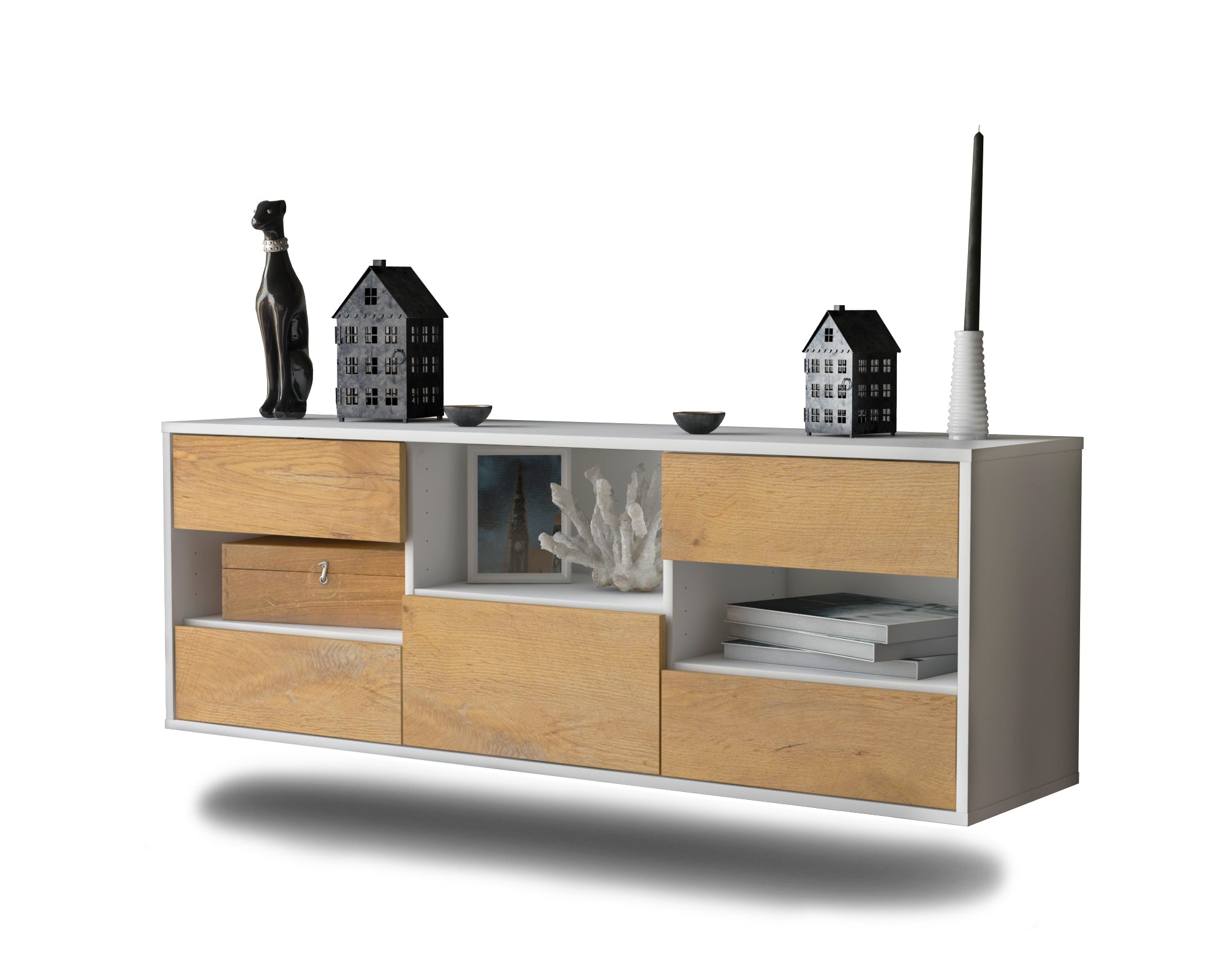 Lowboard - Antonella - Design Holzdekor - Wandmontage mit Push to Open 136 cm Weiss