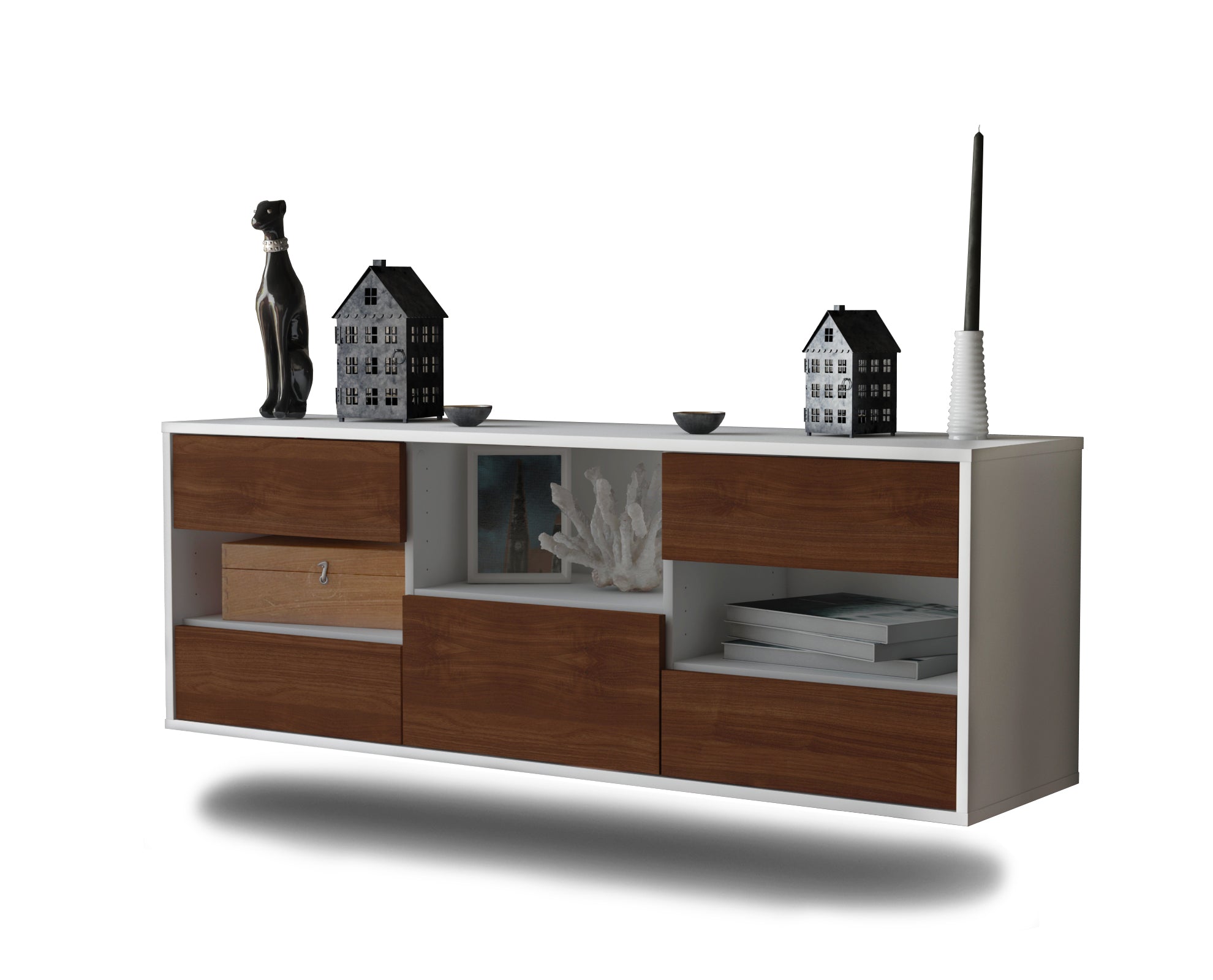 Lowboard - Antonella - Design Holzdekor - Wandmontage mit Push to Open 136 cm Weiss