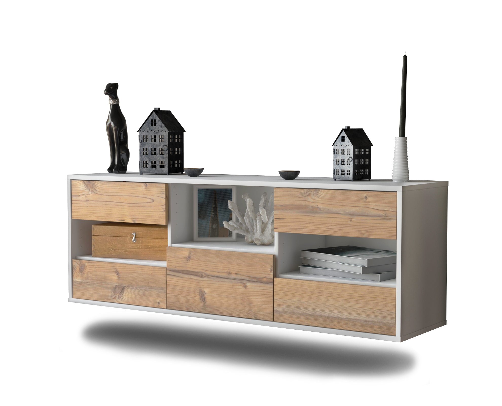 Lowboard - Antonella - Design Holzdekor - Wandmontage mit Push to Open 136 cm Weiss