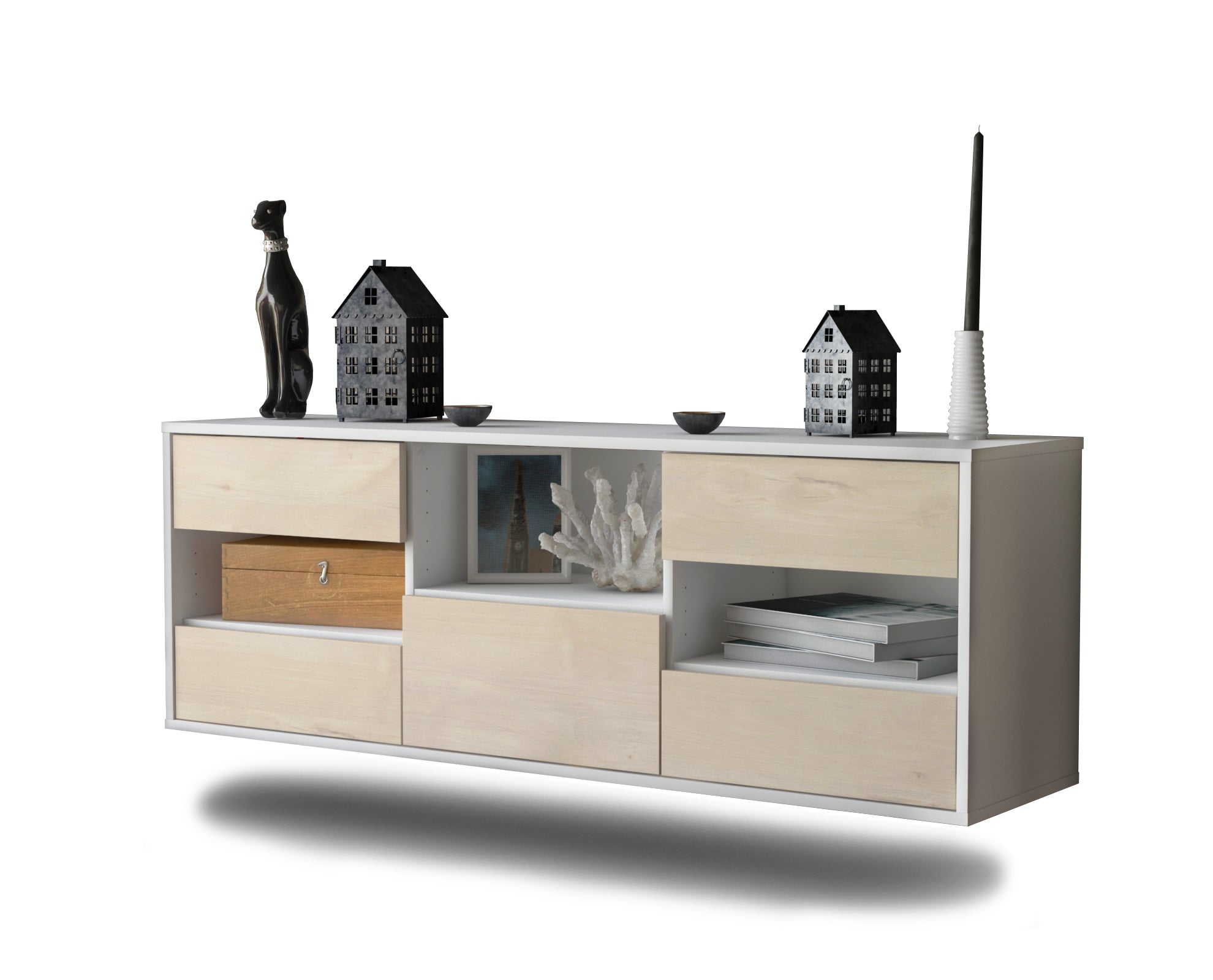 Lowboard - Antonella - Design Holzdekor - Wandmontage mit Push to Open 136 cm Weiss