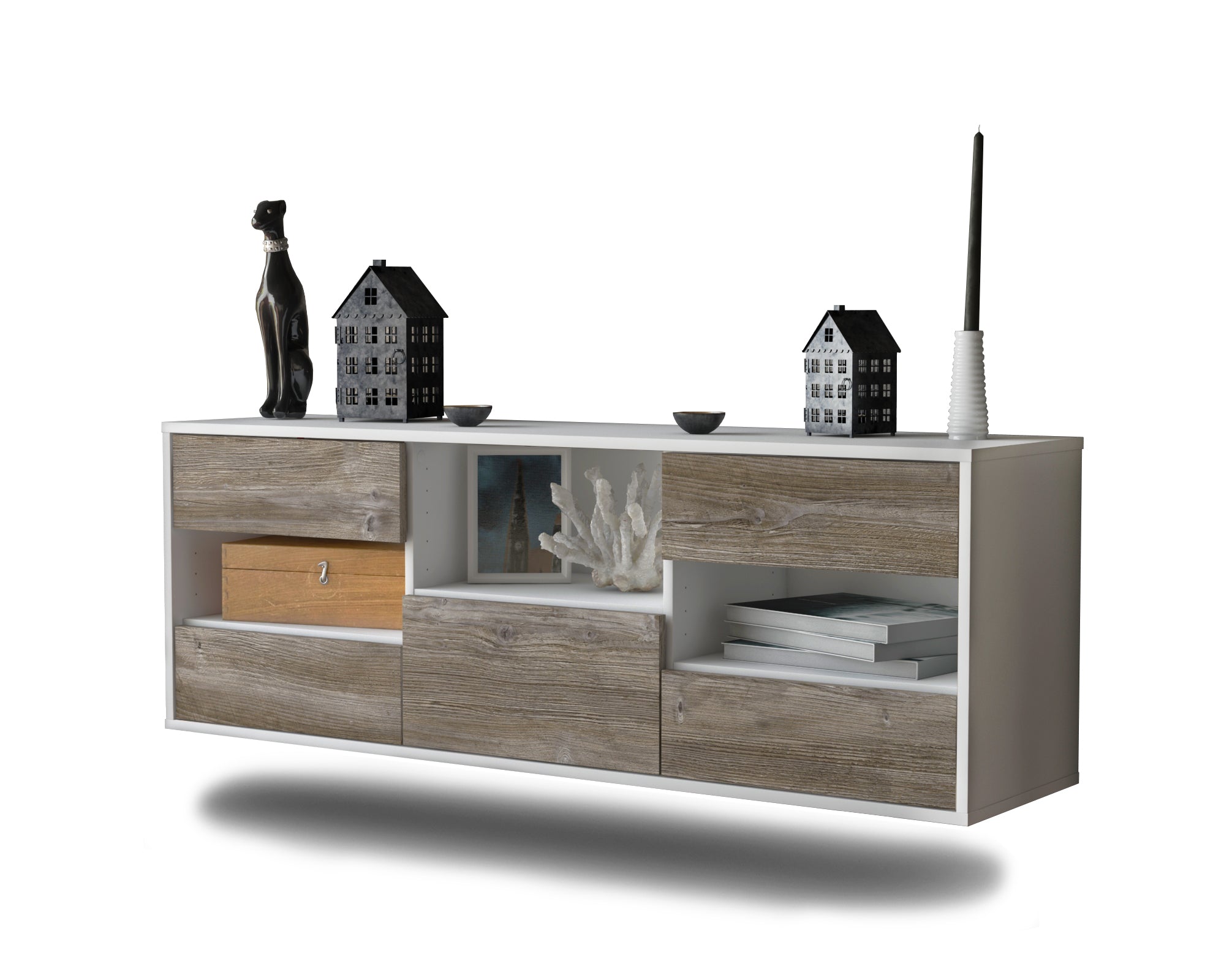 Lowboard - Antonella - Design Holzdekor - Wandmontage mit Push to Open 136 cm Weiss