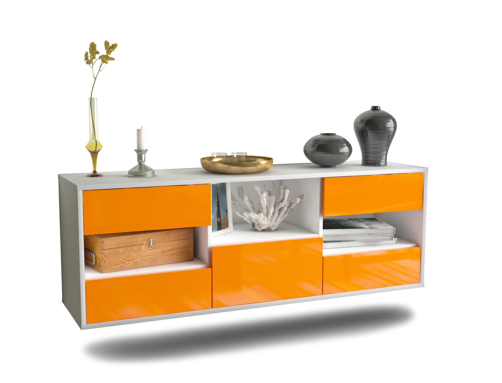Lowboard - Antonella - Design Hochglanz - Wandmontage mit Push to Open 136 cm Weiss