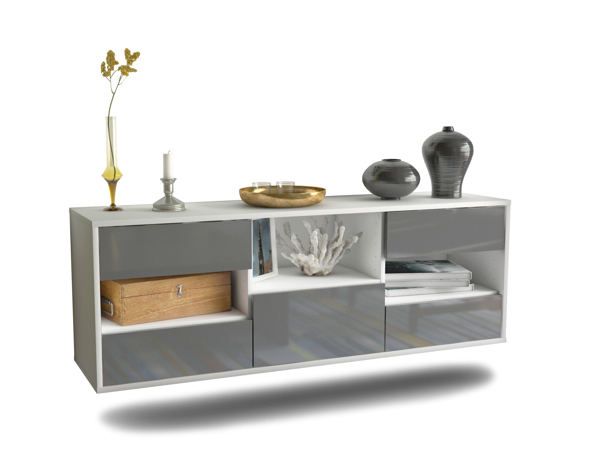 Lowboard - Antonella - Design Hochglanz - Wandmontage mit Push to Open 136 cm Weiss