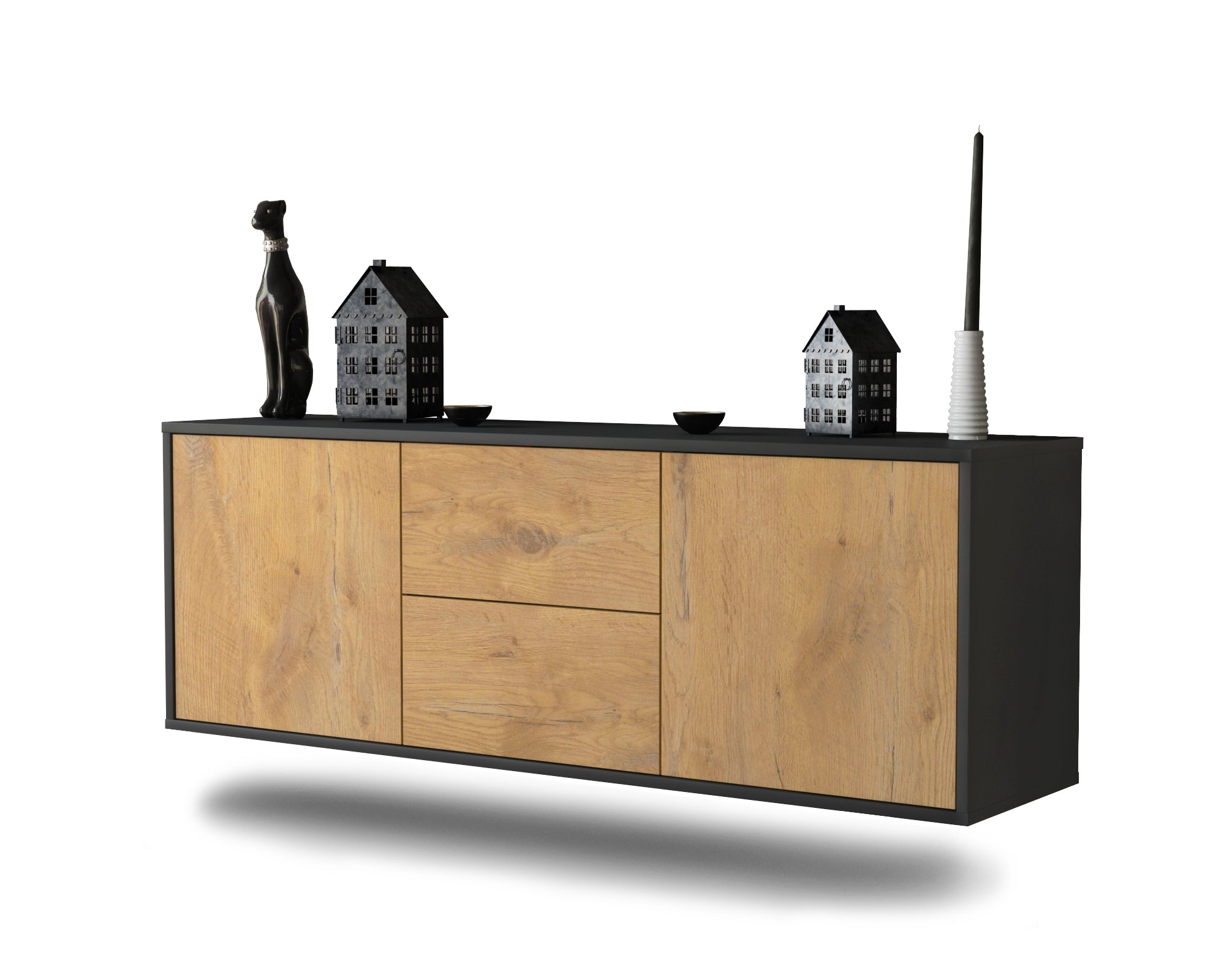 Lowboard - Alma - Design Holzdekor - Wandmontage mit Push to Open 136 cm Anthrazit