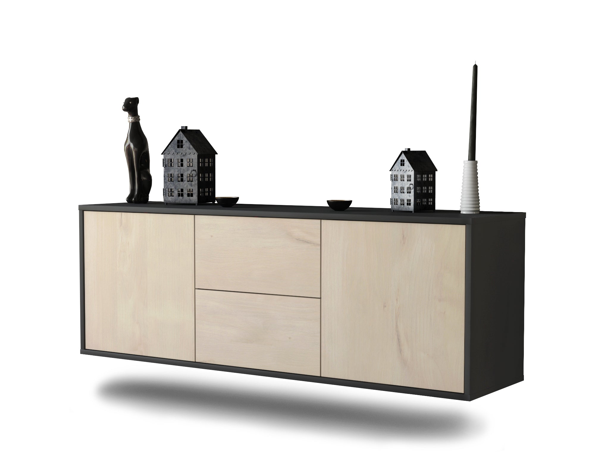 Lowboard - Alma - Design Holzdekor - Wandmontage mit Push to Open 136 cm Anthrazit