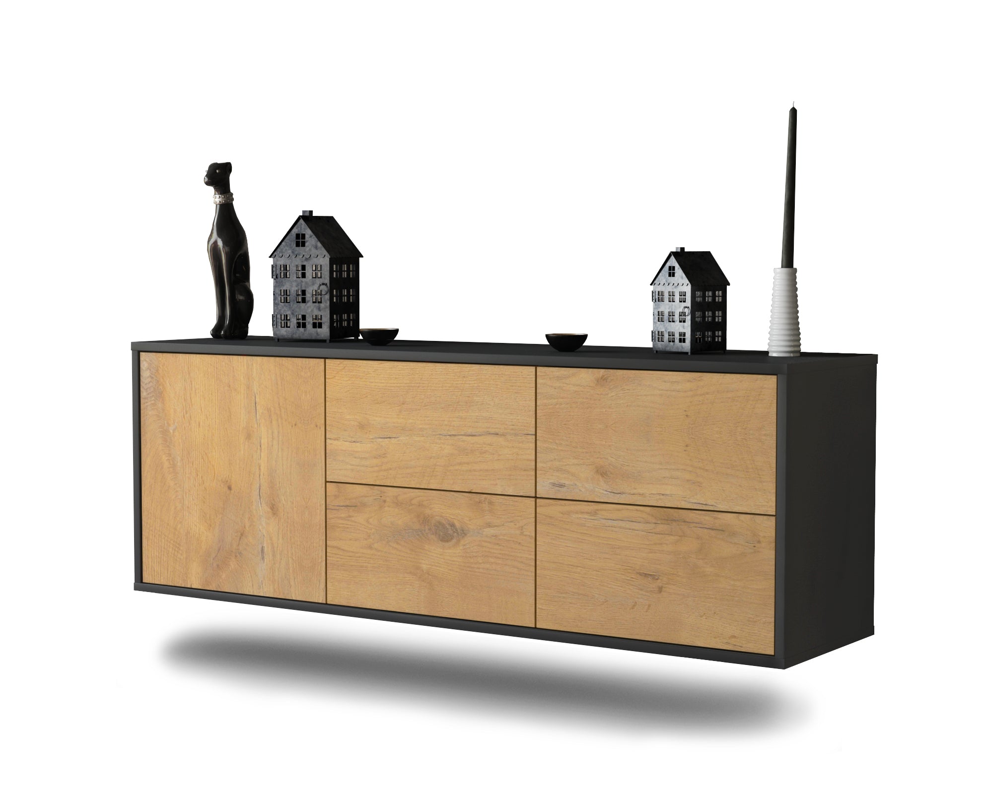 Lowboard - Aloisia - Design Holzdekor - Wandmontage mit Push to Open 136 cm Anthrazit