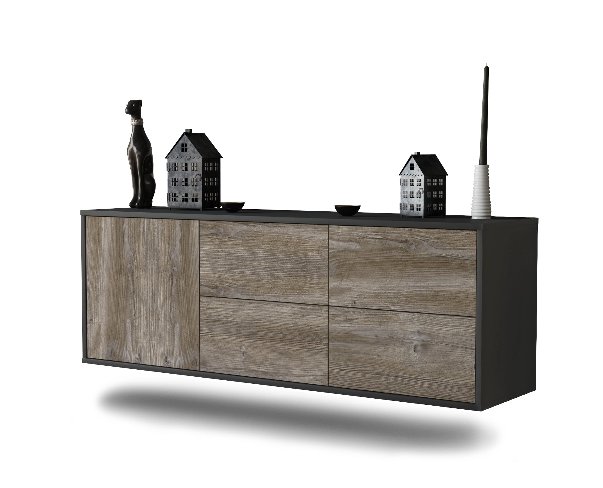 Lowboard - Aloisia - Design Holzdekor - Wandmontage mit Push to Open 136 cm Anthrazit