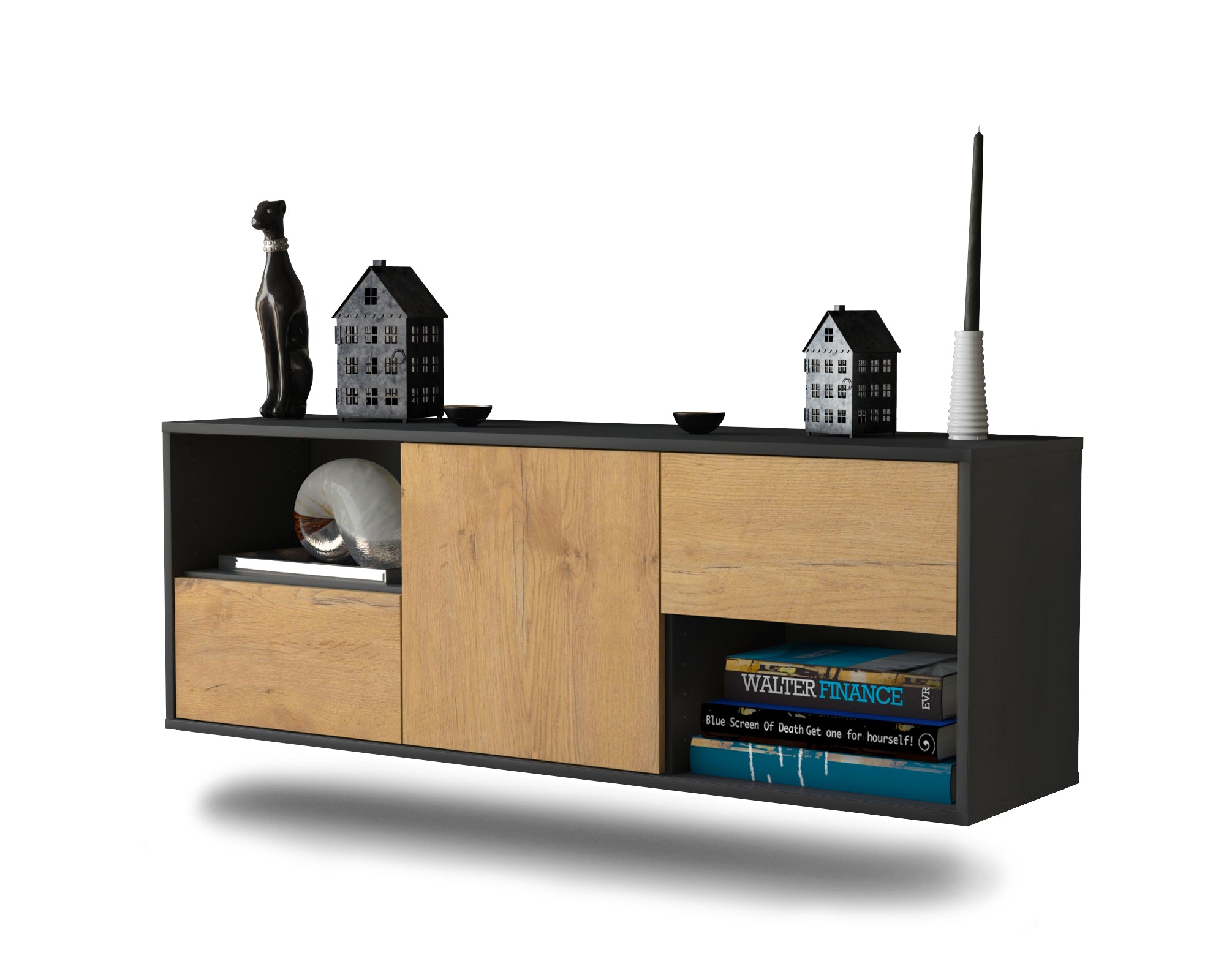 Lowboard - Ambra - Design Holzdekor - Wandmontage mit Push to Open 136 cm Anthrazit
