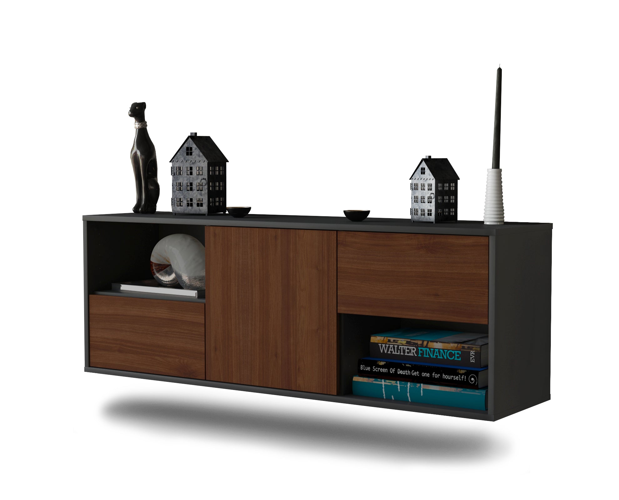 Lowboard - Ambra - Design Holzdekor - Wandmontage mit Push to Open 136 cm Anthrazit