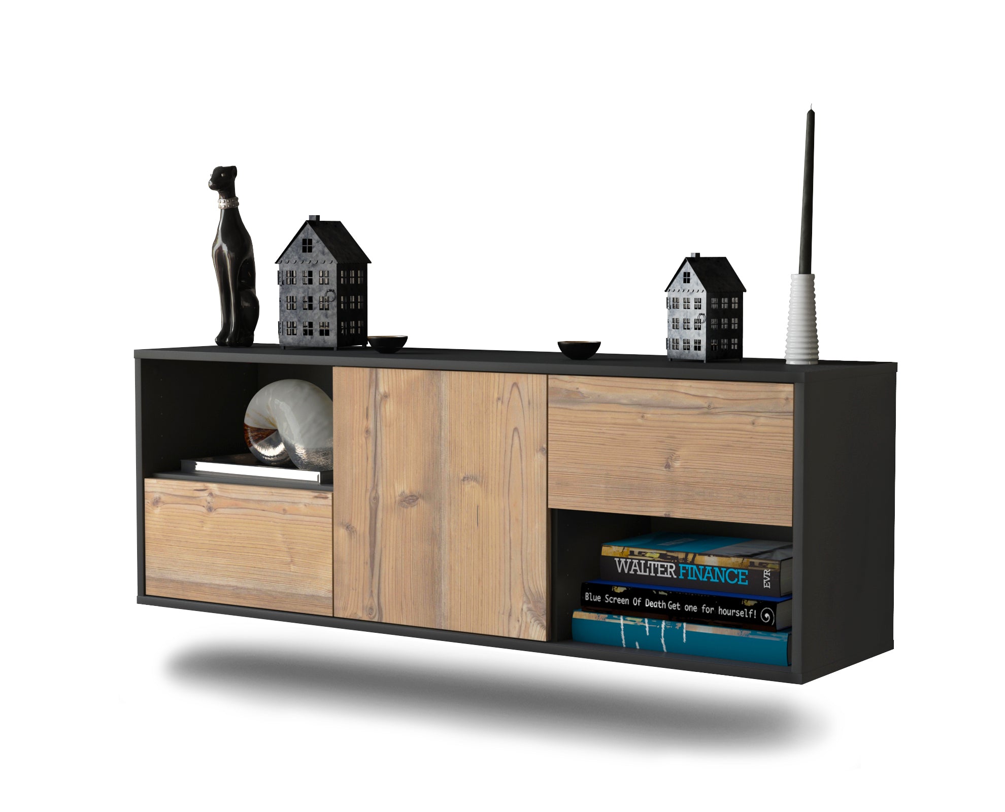 Lowboard - Ambra - Design Holzdekor - Wandmontage mit Push to Open 136 cm Anthrazit